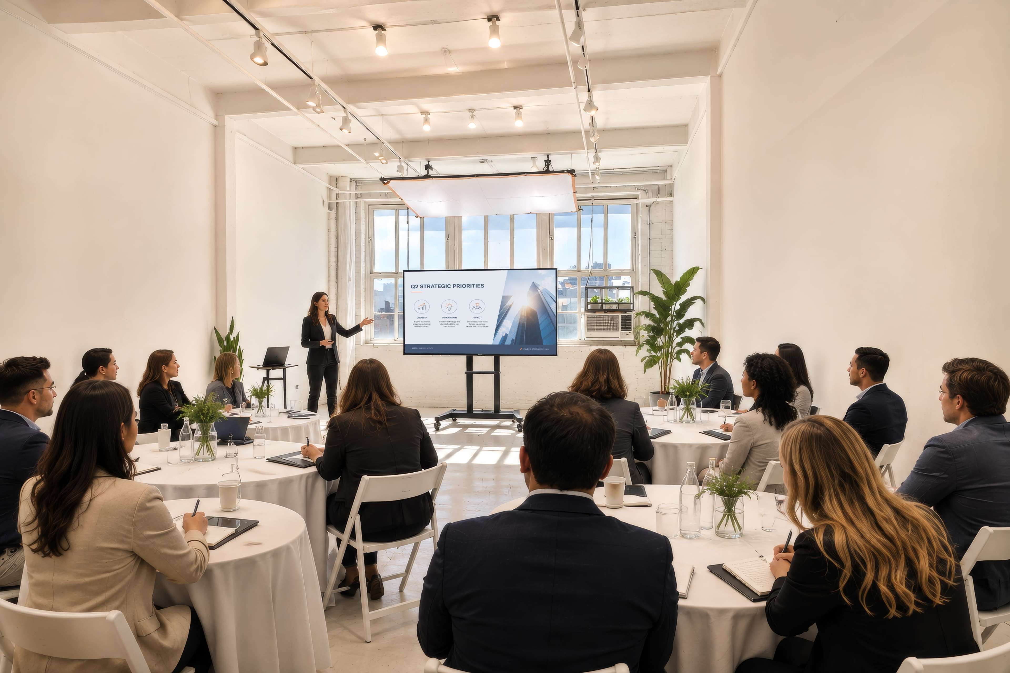 A group of professionals is seated in a modern conference room, attentively listening to a presenter speaking in front of a large screen displaying strategic properties.