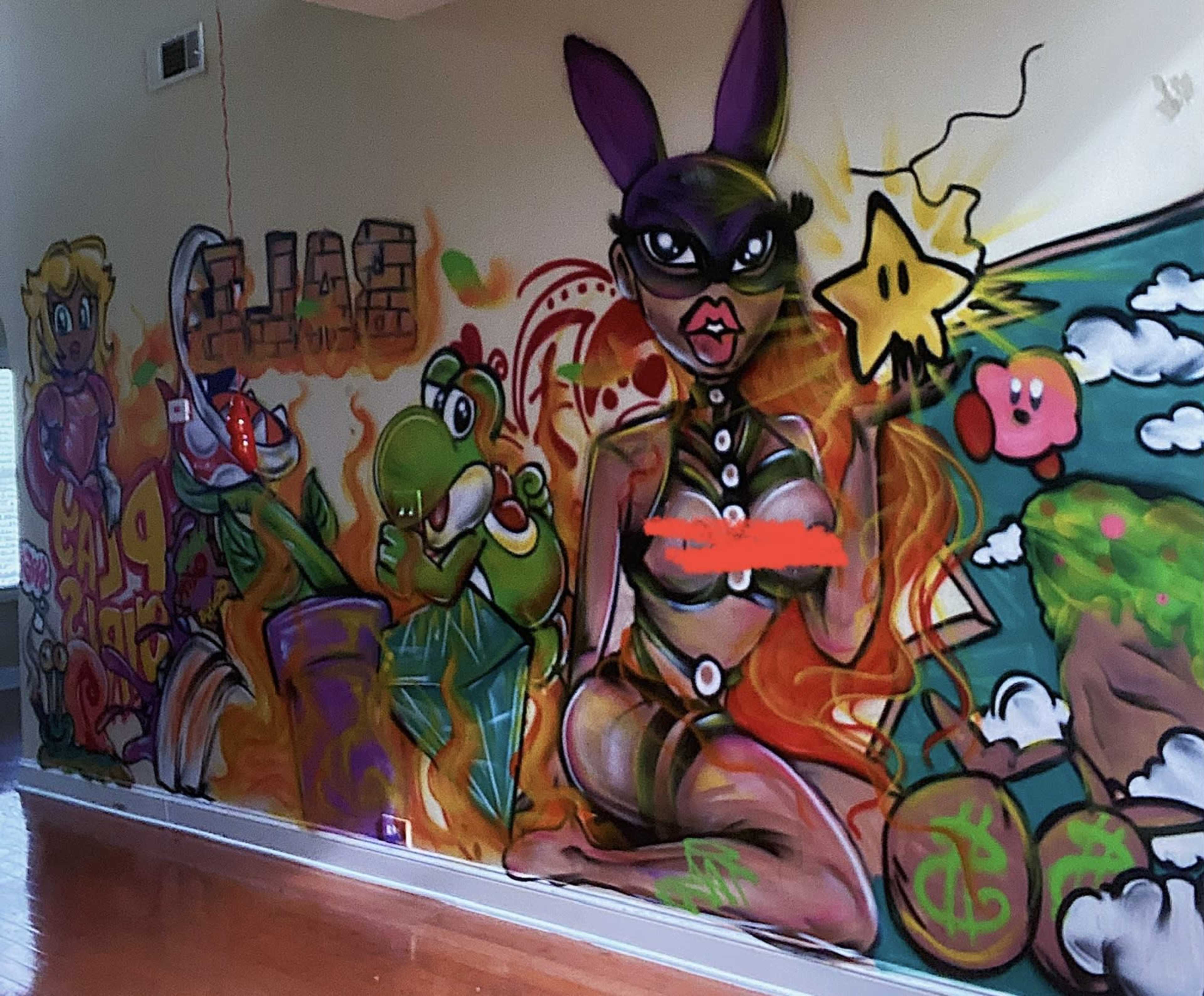 The image shows a vibrant mural featuring cartoon characters, including Yoshi and Kirby, alongside a stylized female figure in a bold pose, set against a colorful background with flames and graffiti elements.