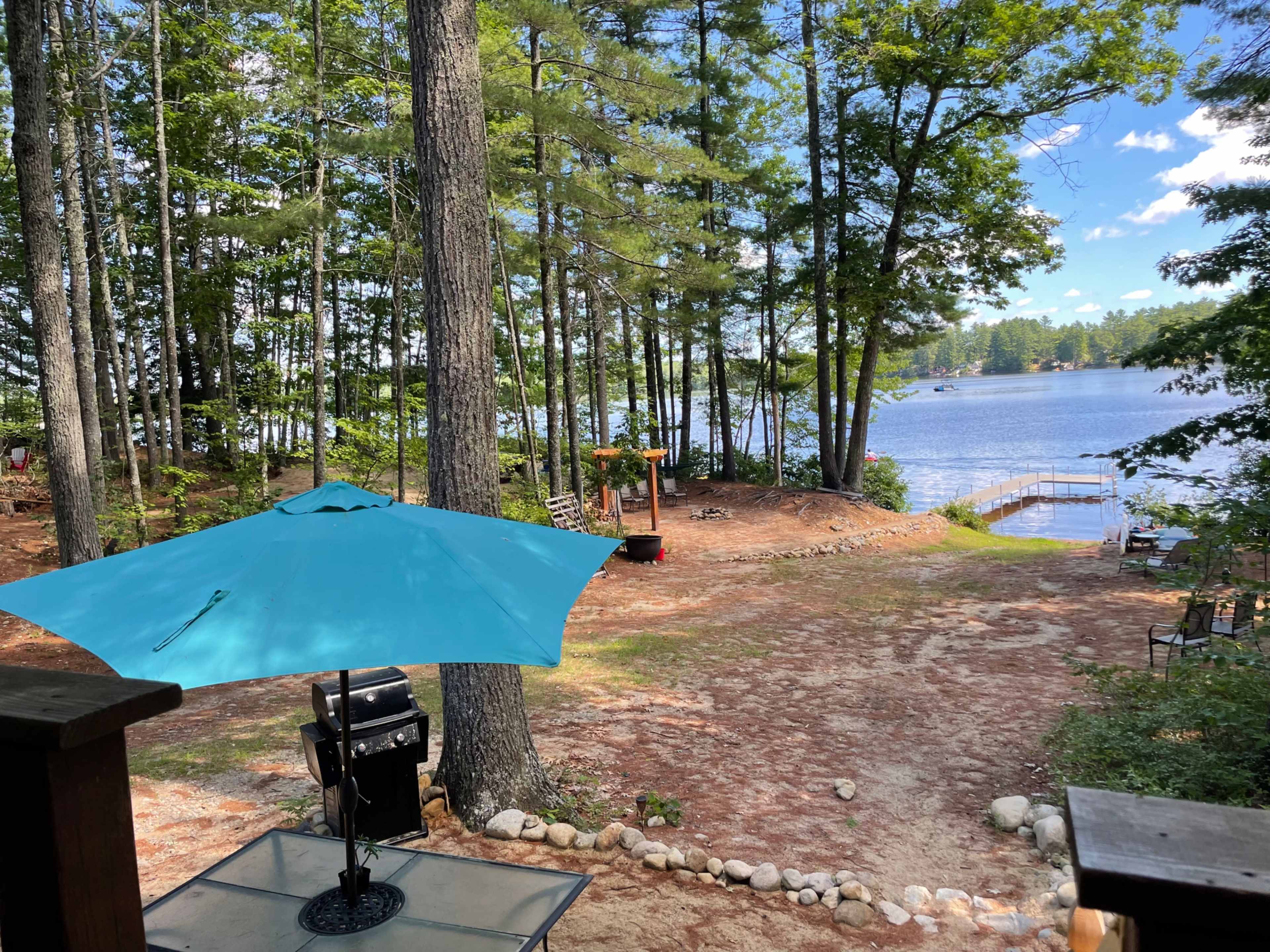 The scene shows a lakeside area with a turquoise umbrella, a grill on a table, and trees surrounding the water.