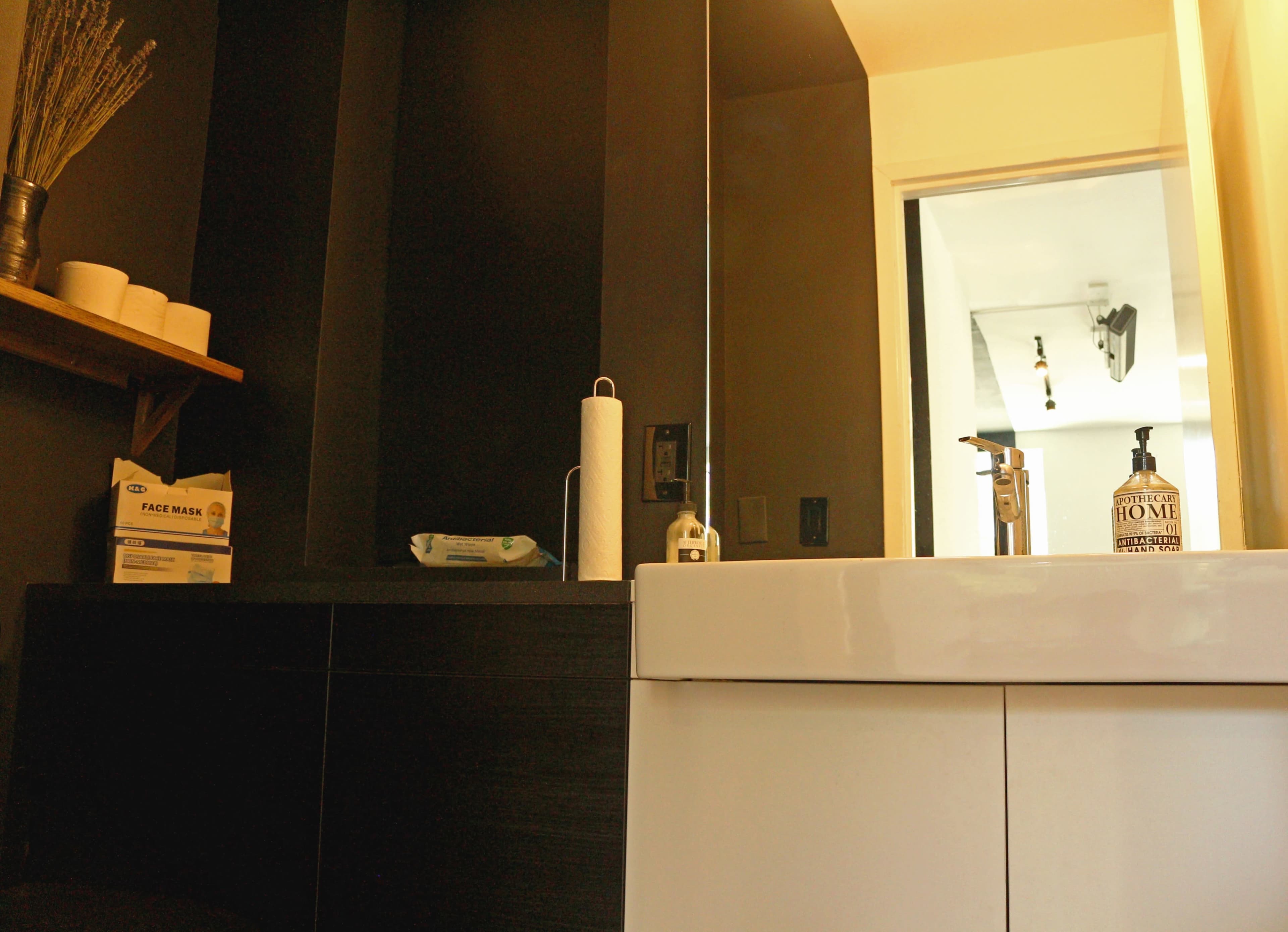 A modern bathroom features a sleek white sink and a mirror against dark wall panels, with toiletries and a tissue roll visible on the counter.