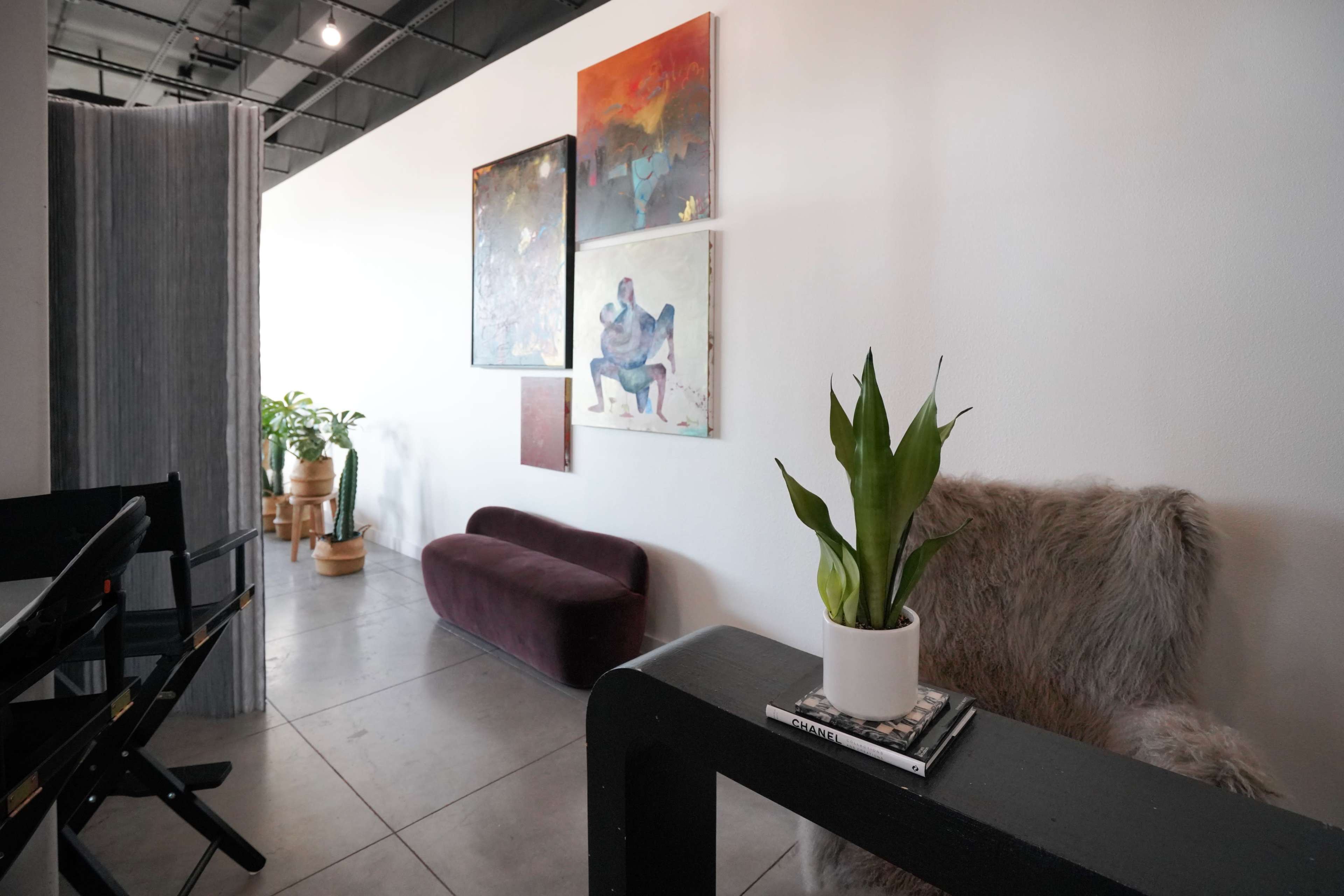A modern interior space with a couch, plant, and several art pieces on the wall.
