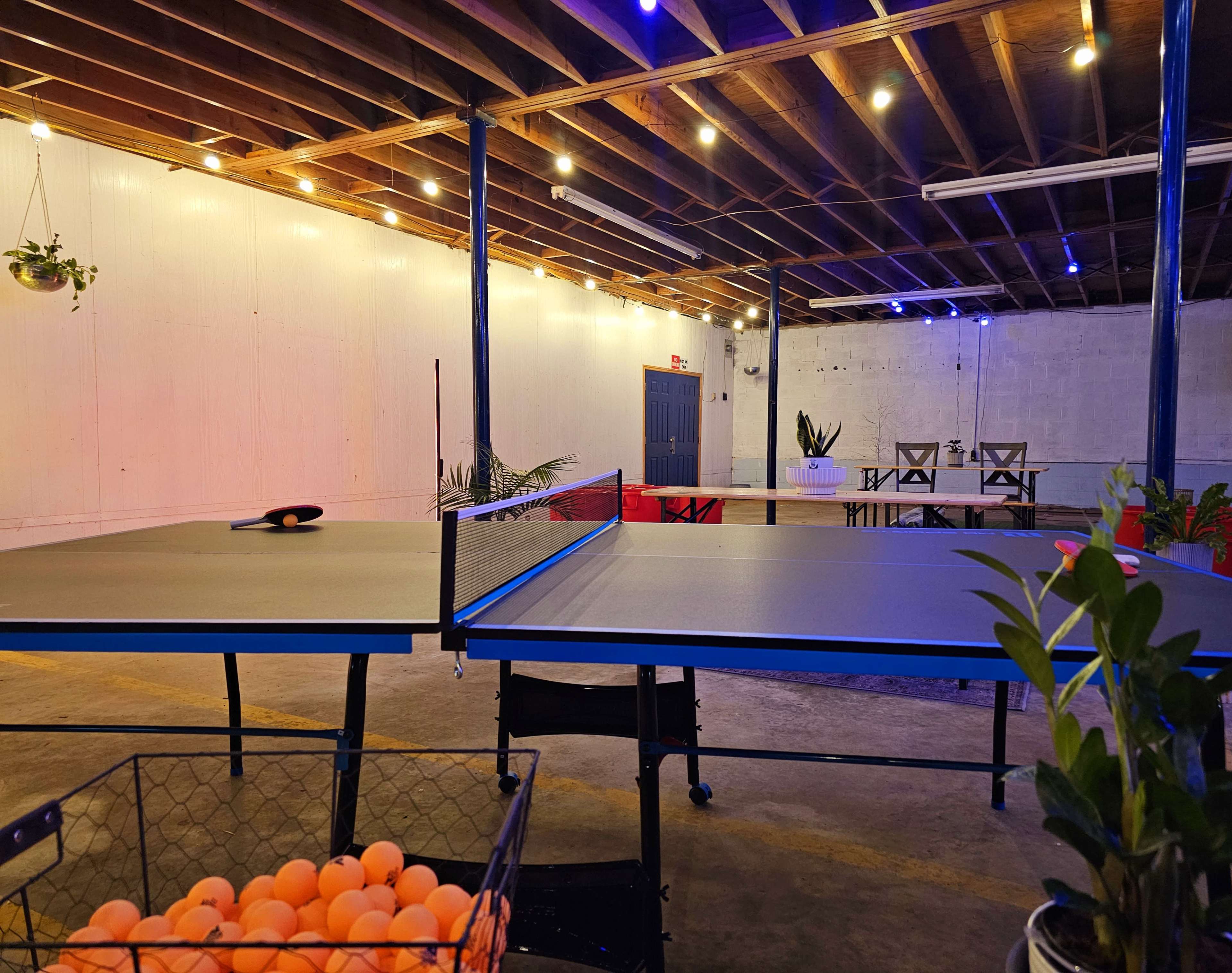A spacious indoor area with two ping pong tables, a basket of orange balls, and plants, all under dim, colorful lighting.