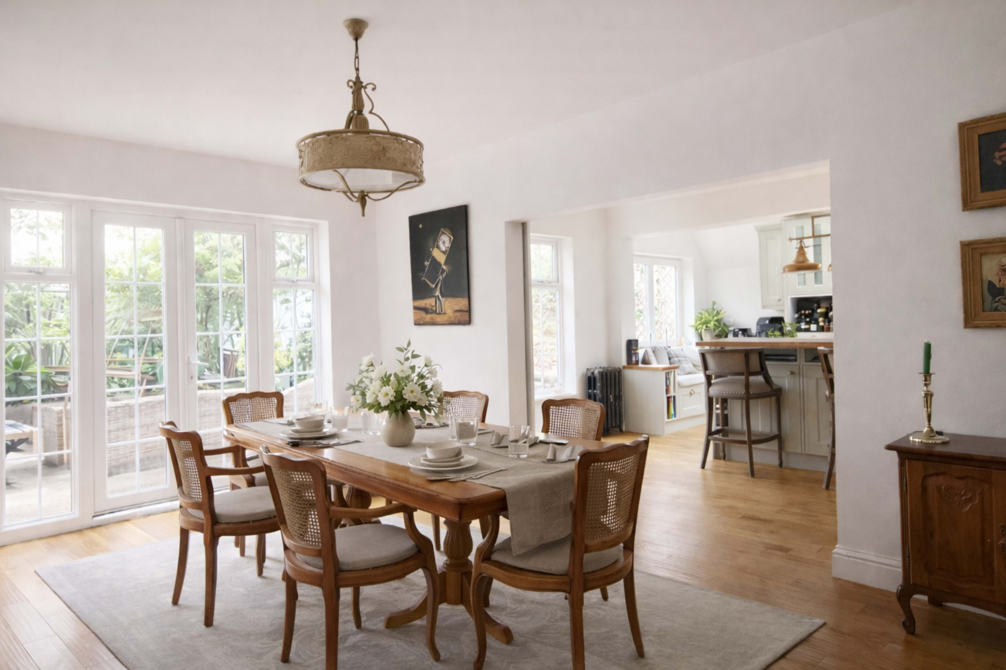 The image shows a bright dining room with a wooden table set for a meal, surrounded by chairs, and a view of a kitchen area in the background.
