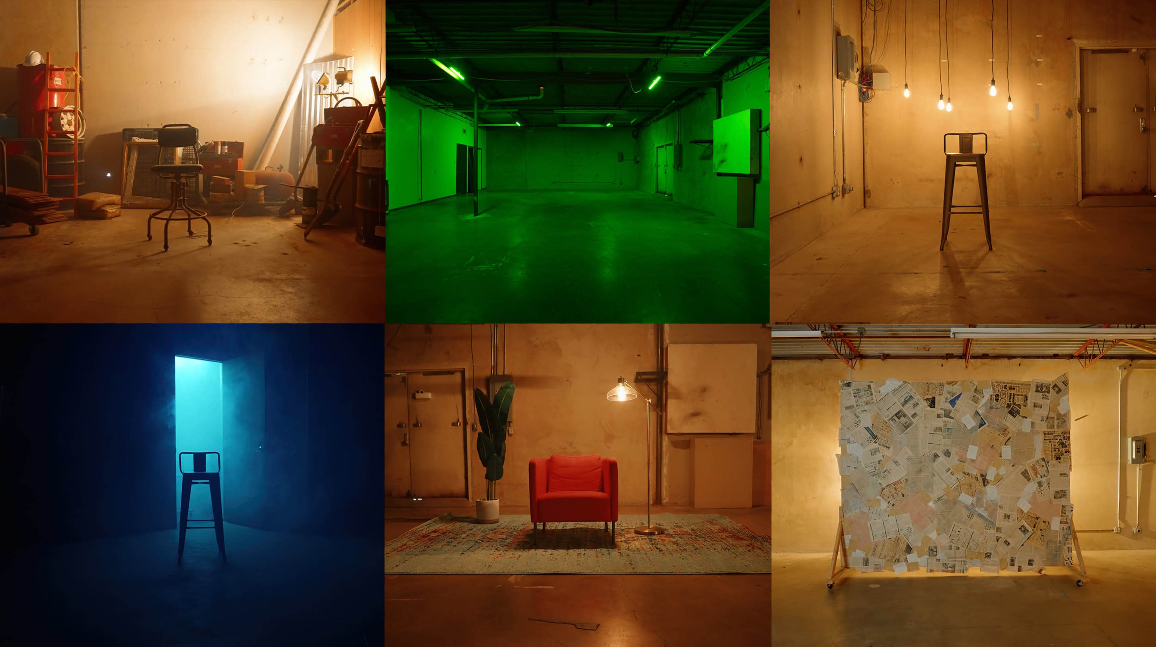 The image showcases a grid of six distinct scenes featuring empty spaces with varying colored lighting, a single chair in one, and a chair and rug in another.
