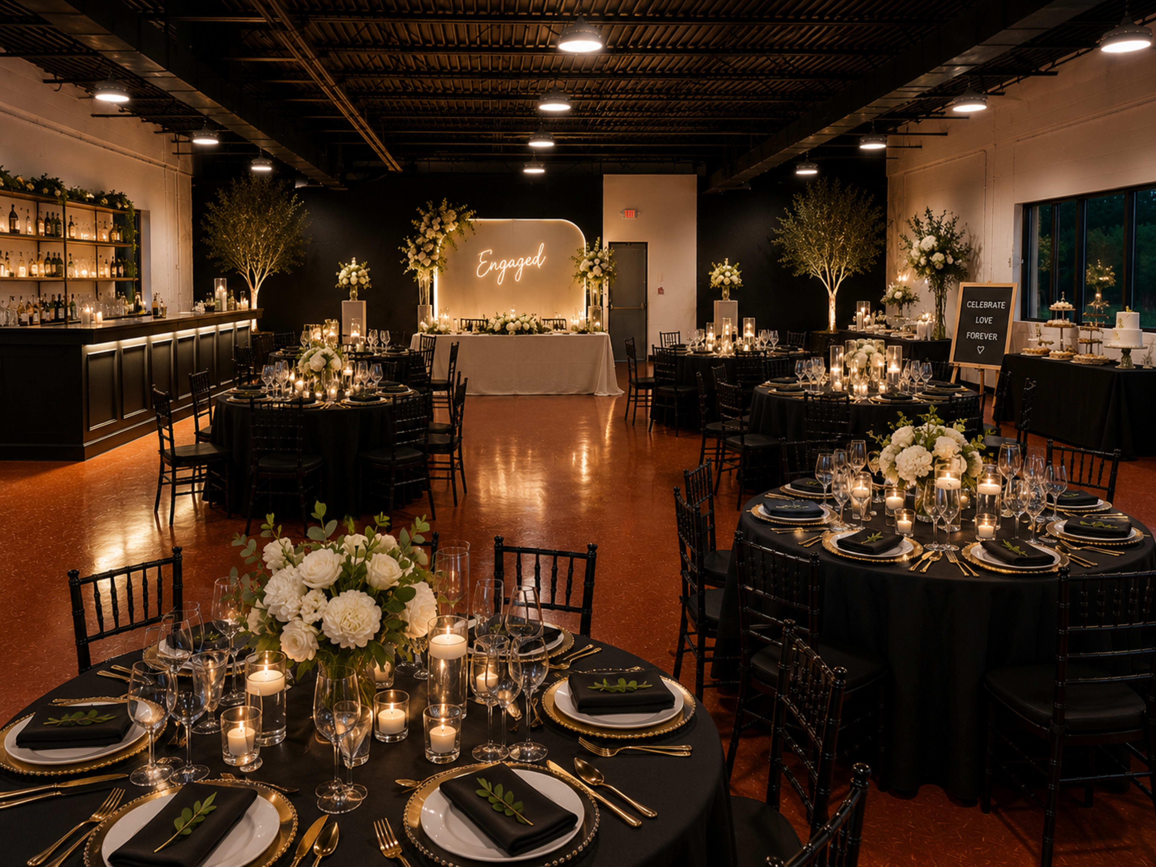 The image showcases a elegantly decorated banquet hall with tables set for a formal dinner, featuring black tablecloths, floral centerpieces, candles, and a backdrop with an illuminated "Engaged" sign.