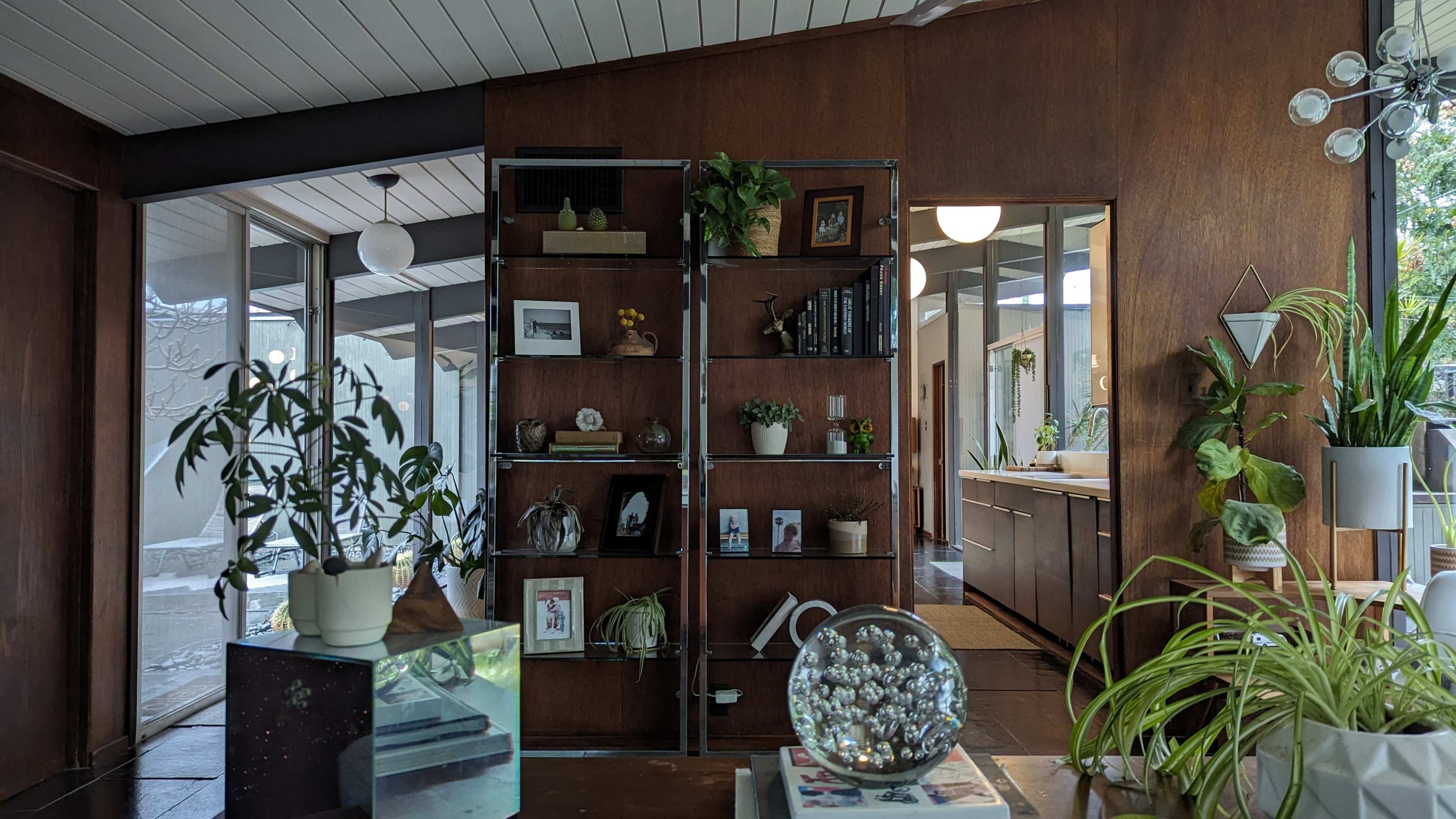 A modern interior space with wooden walls, plants on a bookshelf, and a kitchen area visible in the background.