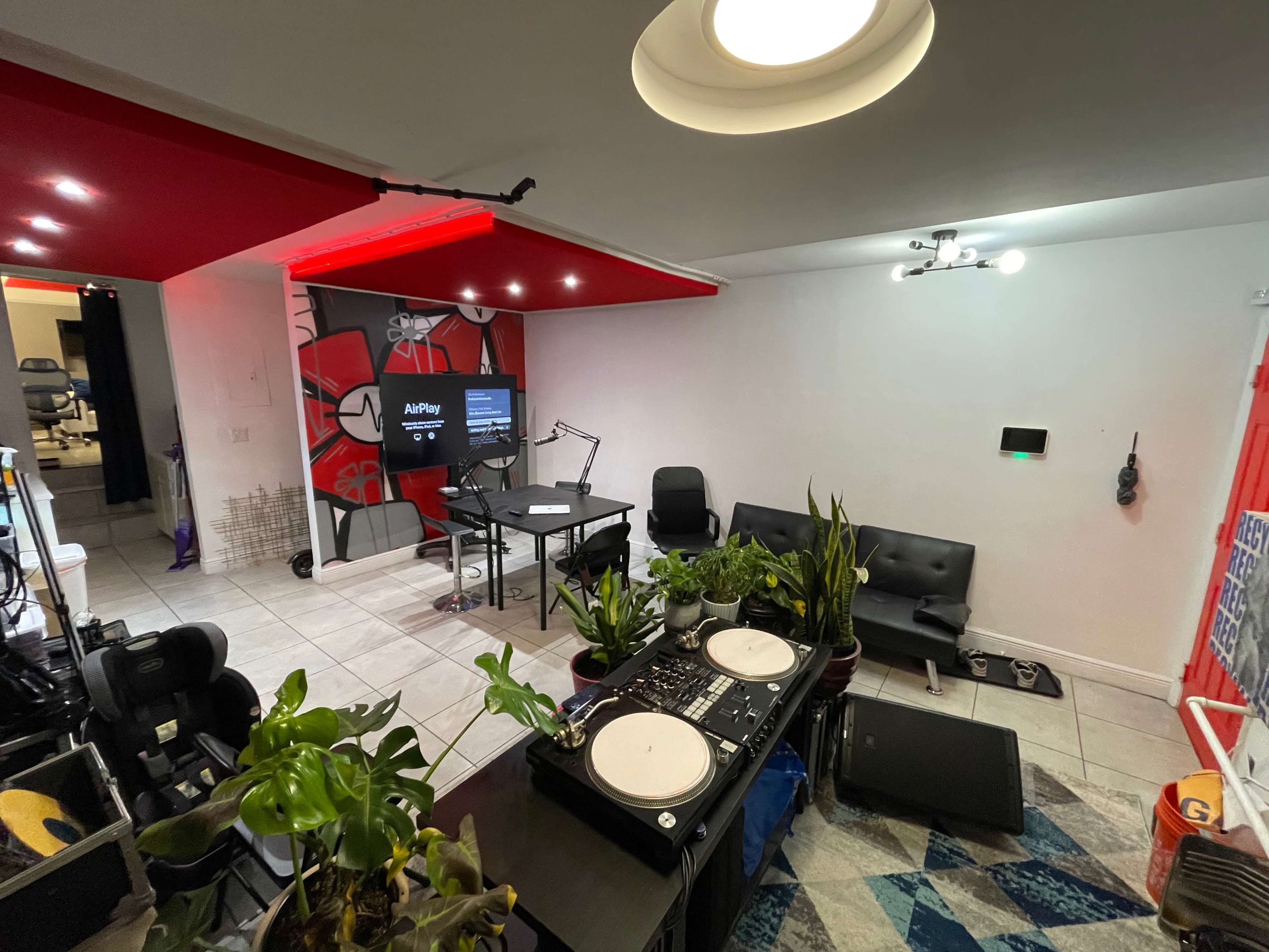 A modern room designed for creative activities, featuring a DJ setup, a television, seating area, and various plants.