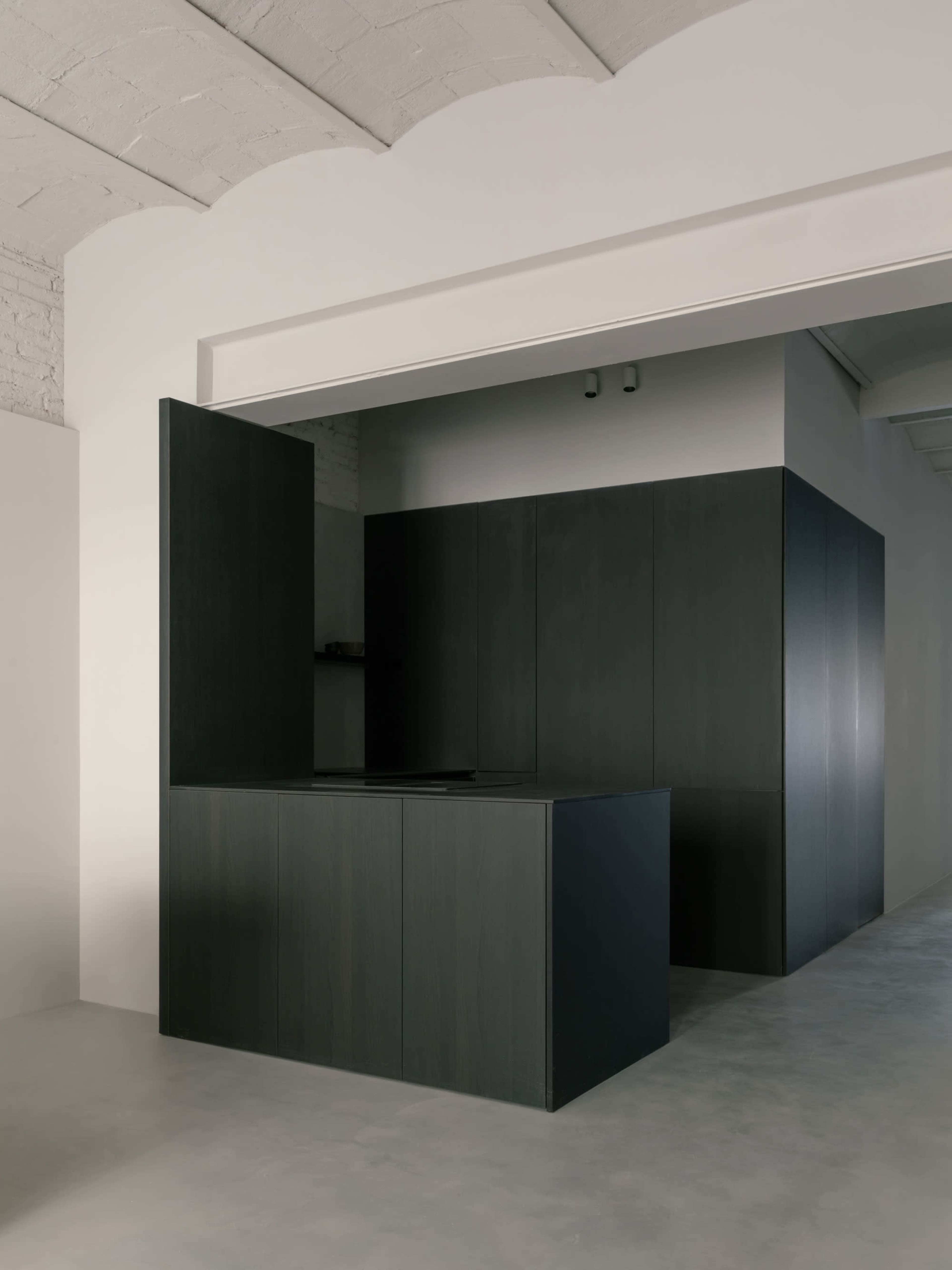 The image shows a minimalist kitchen with dark cabinetry and a sleek island, set against a light-colored wall and floor.