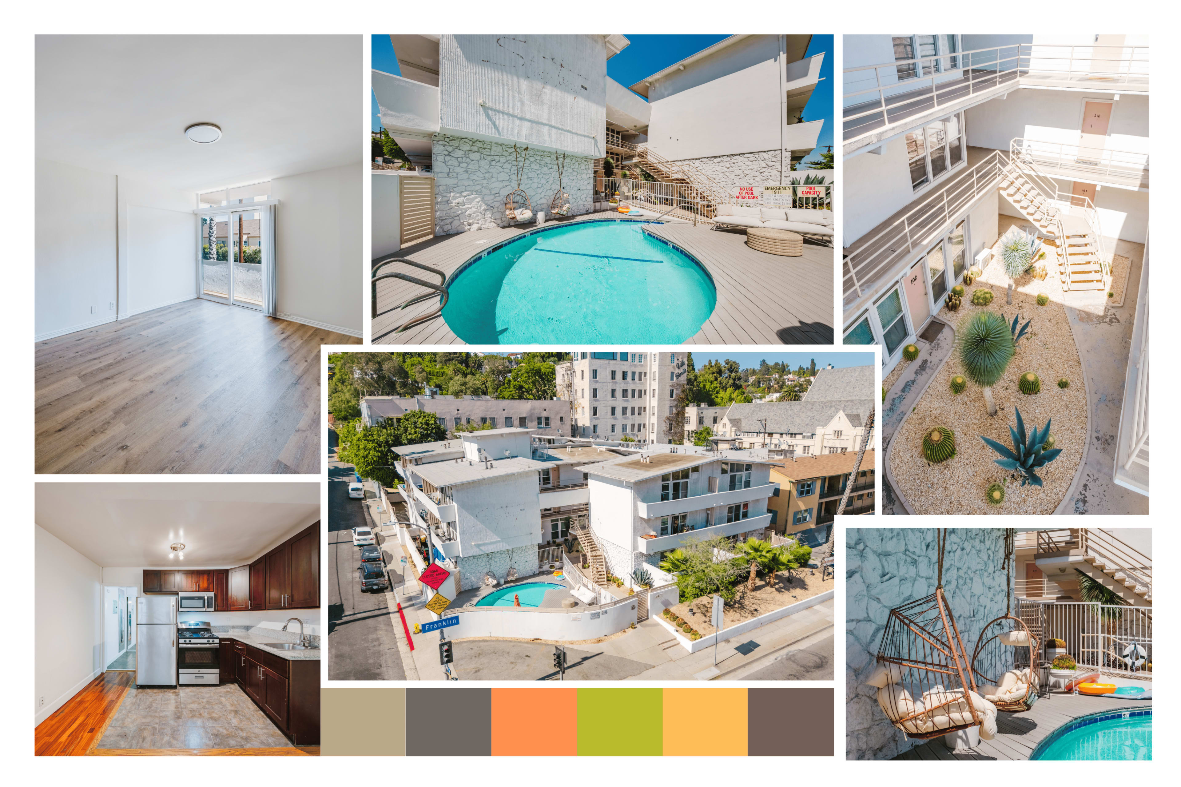 The image displays various views of a modern apartment complex, featuring a bright interior, a swimming pool, and an outdoor courtyard with landscaping.