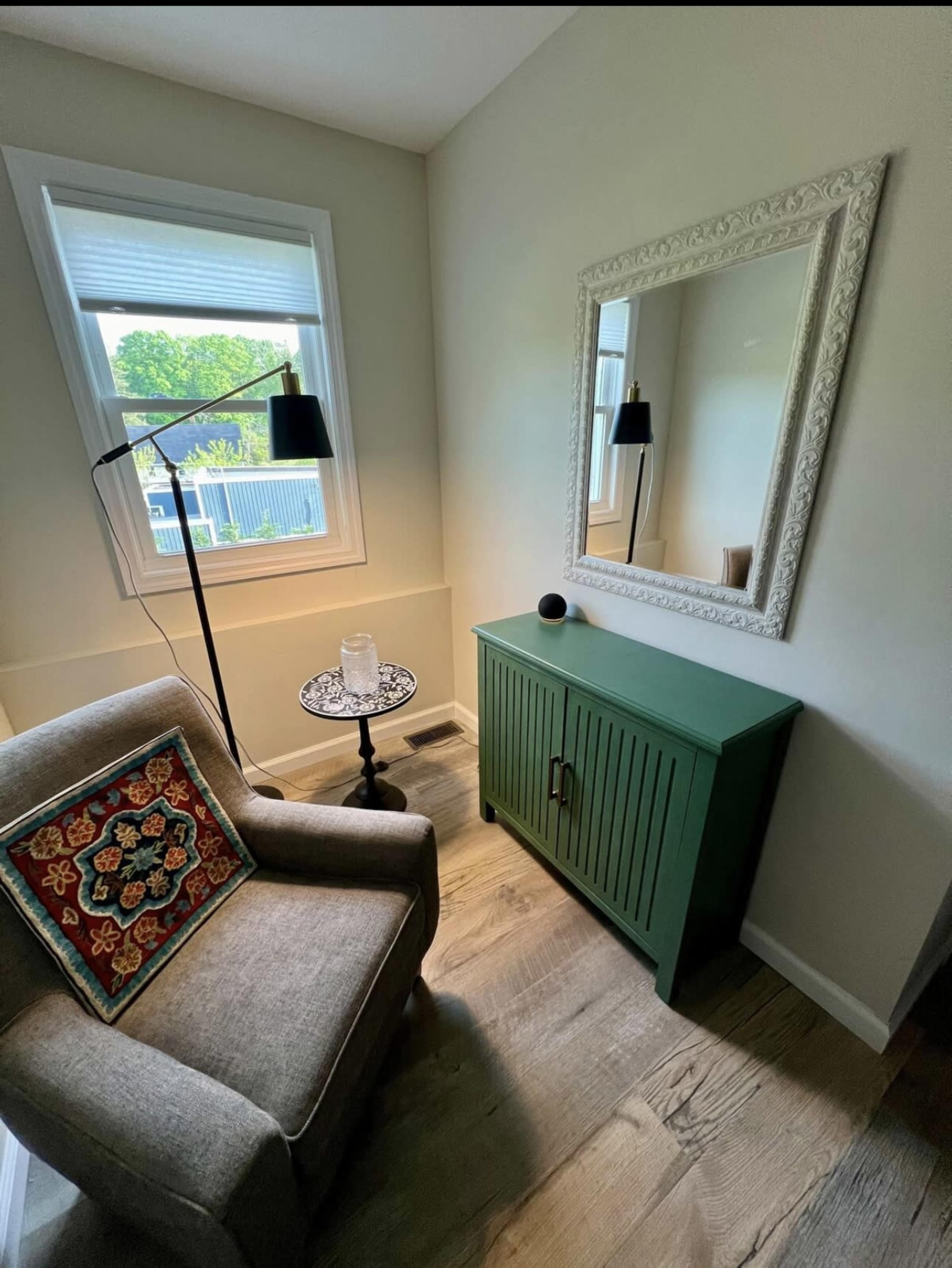 Modern farmhouse with a water view and pool on half an acre property Image in Riverhead, Wading River, NY