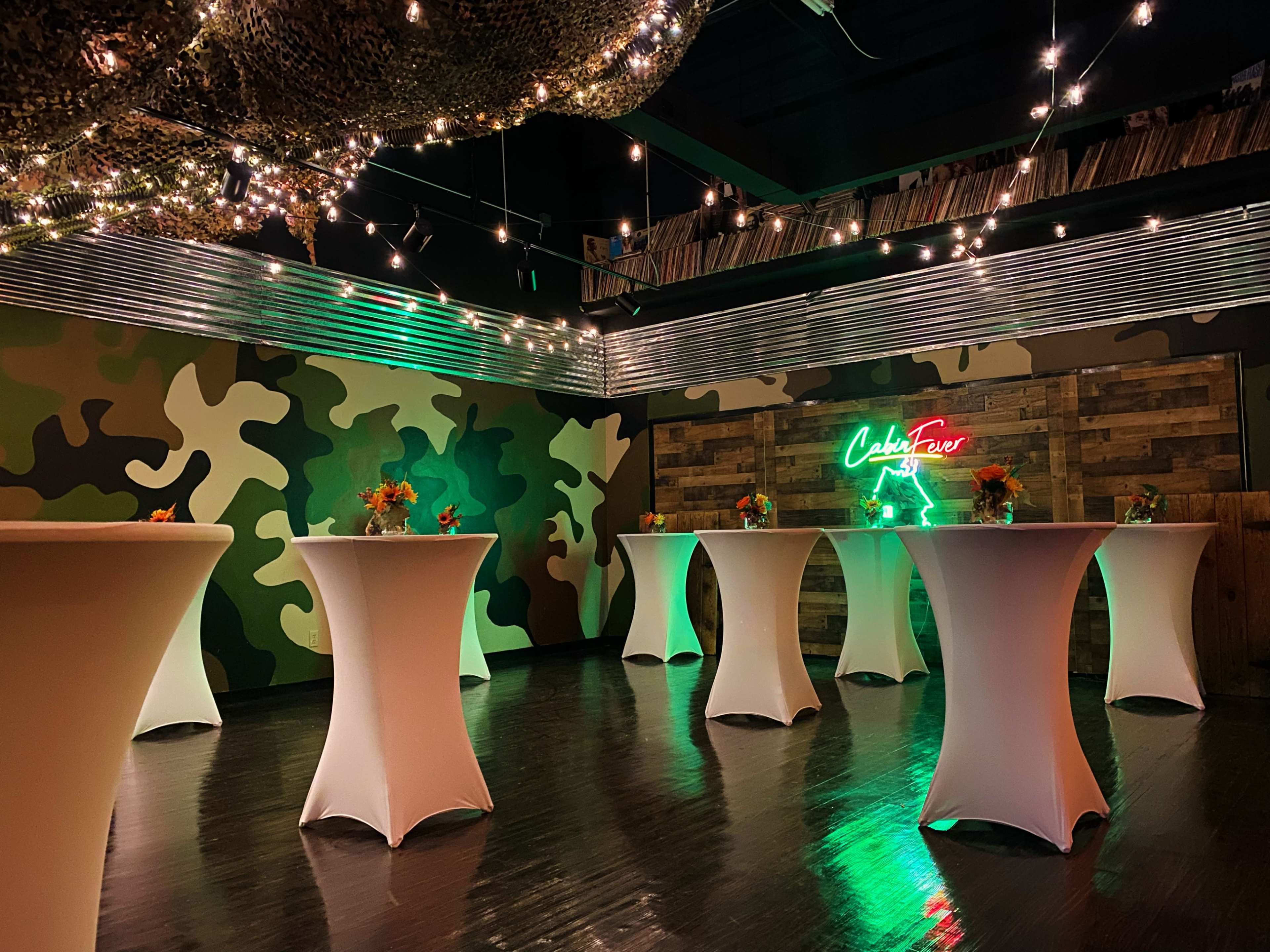 Indoor/Outdoor Ambience, prop log cabin with porch/stage, venue Image in Winston-Salem, Winston-Salem, NC