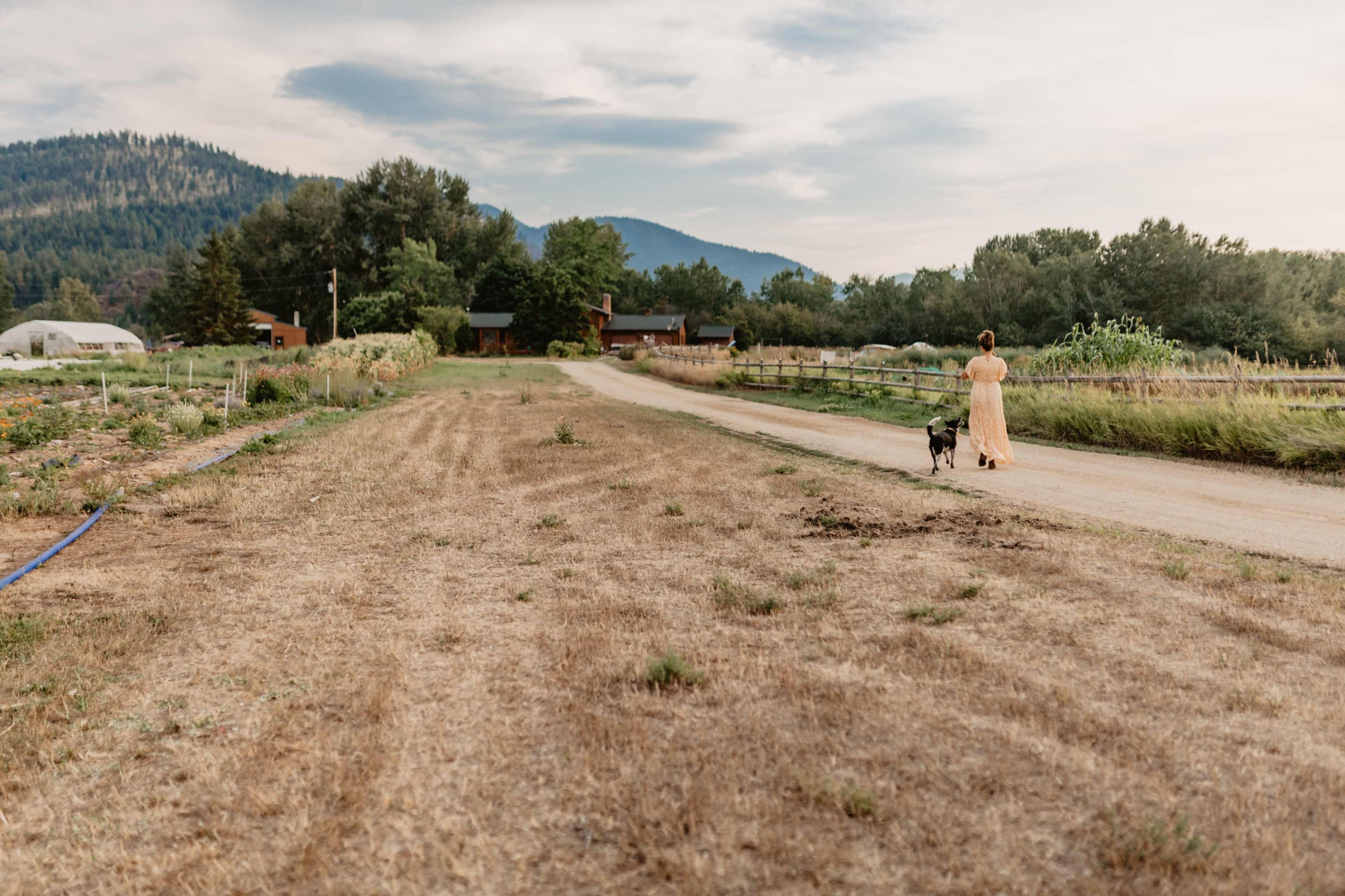 A woman in a long dress walks with a dog along a dirt road lined with fields and mountains in the background.