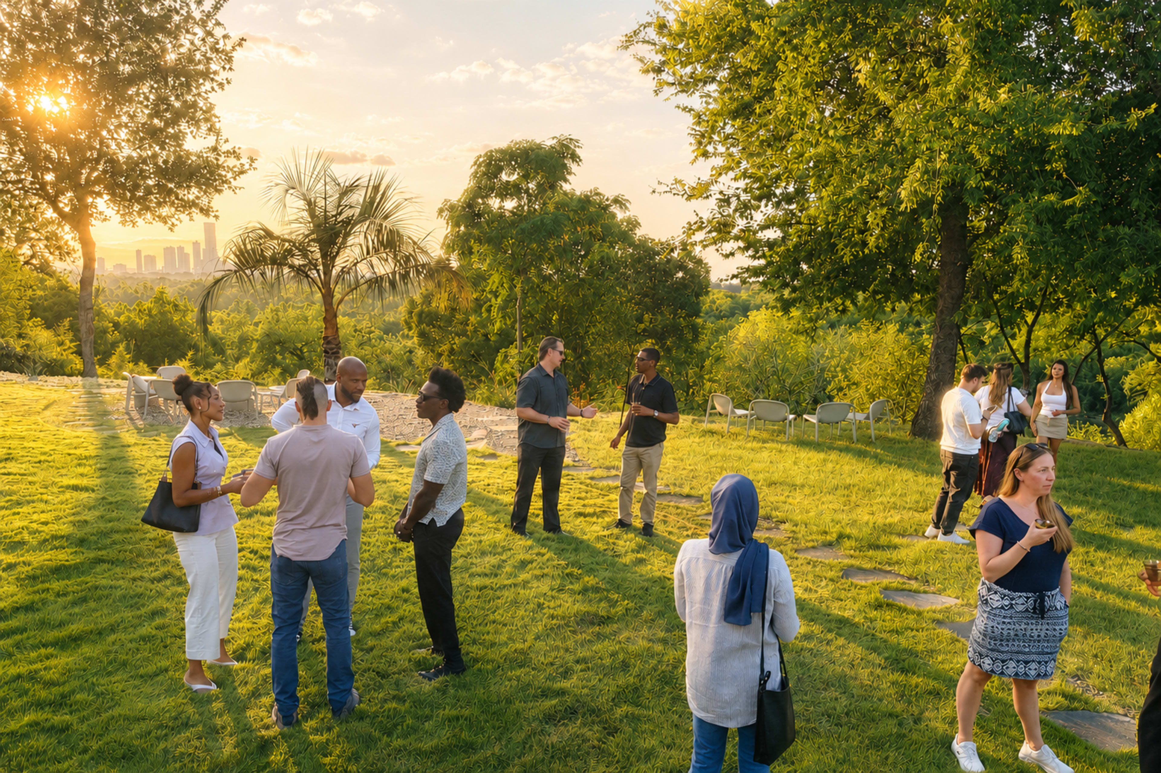 A group of people is socializing on a grassy area with trees and a view of a city skyline at sunset.