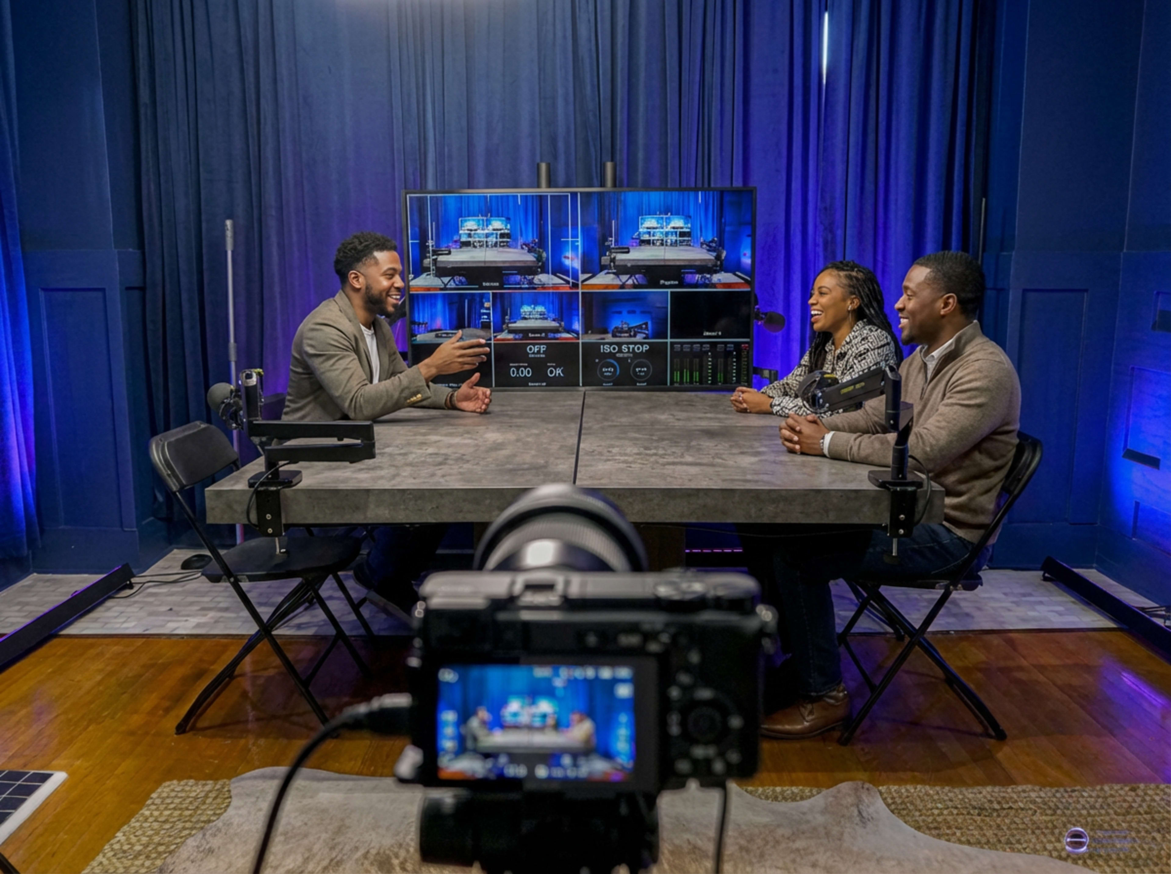 A group of three people is engaged in a discussion at a table, with cameras and screens set up for a recording in a studio-like environment.