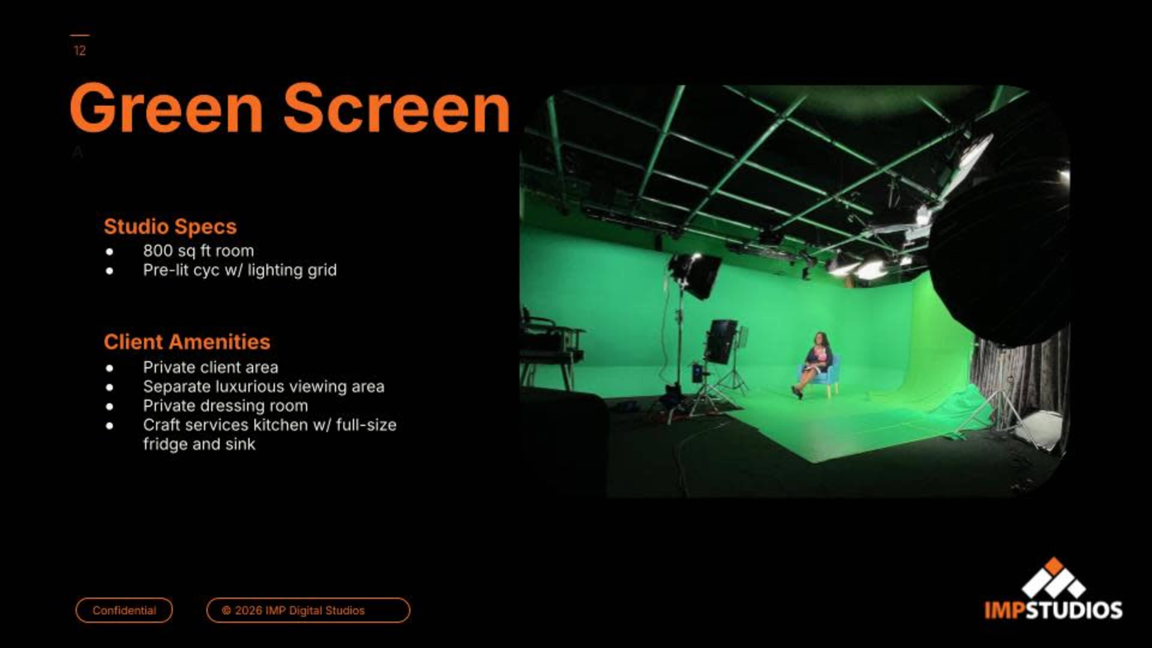 The image shows a large green screen studio, equipped with a lighting grid and features listed for client amenities, such as a private client area and a full-size kitchen.