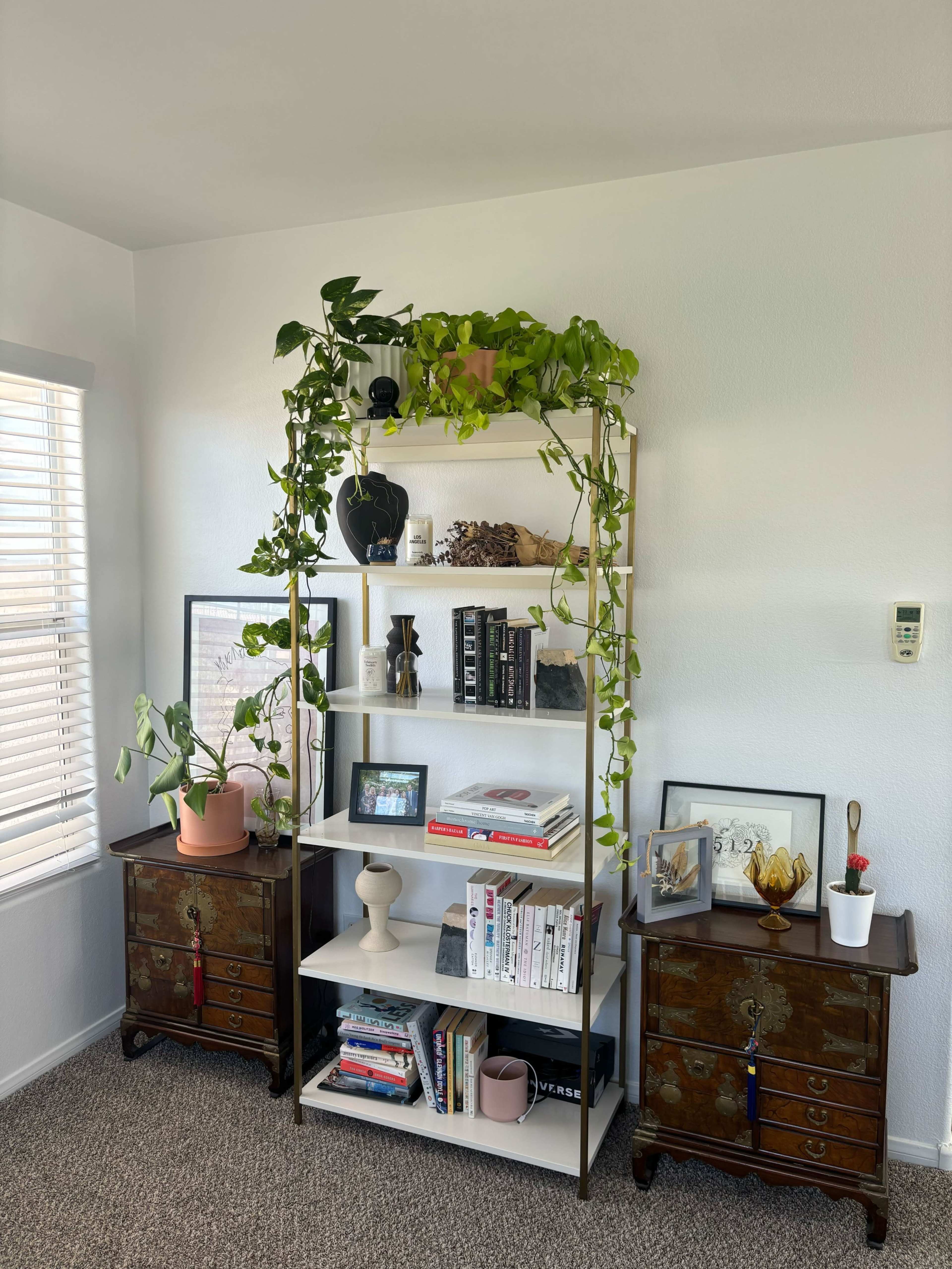 A white shelving unit adorned with plants and books stands beside two wooden nightstands in a well-lit room.