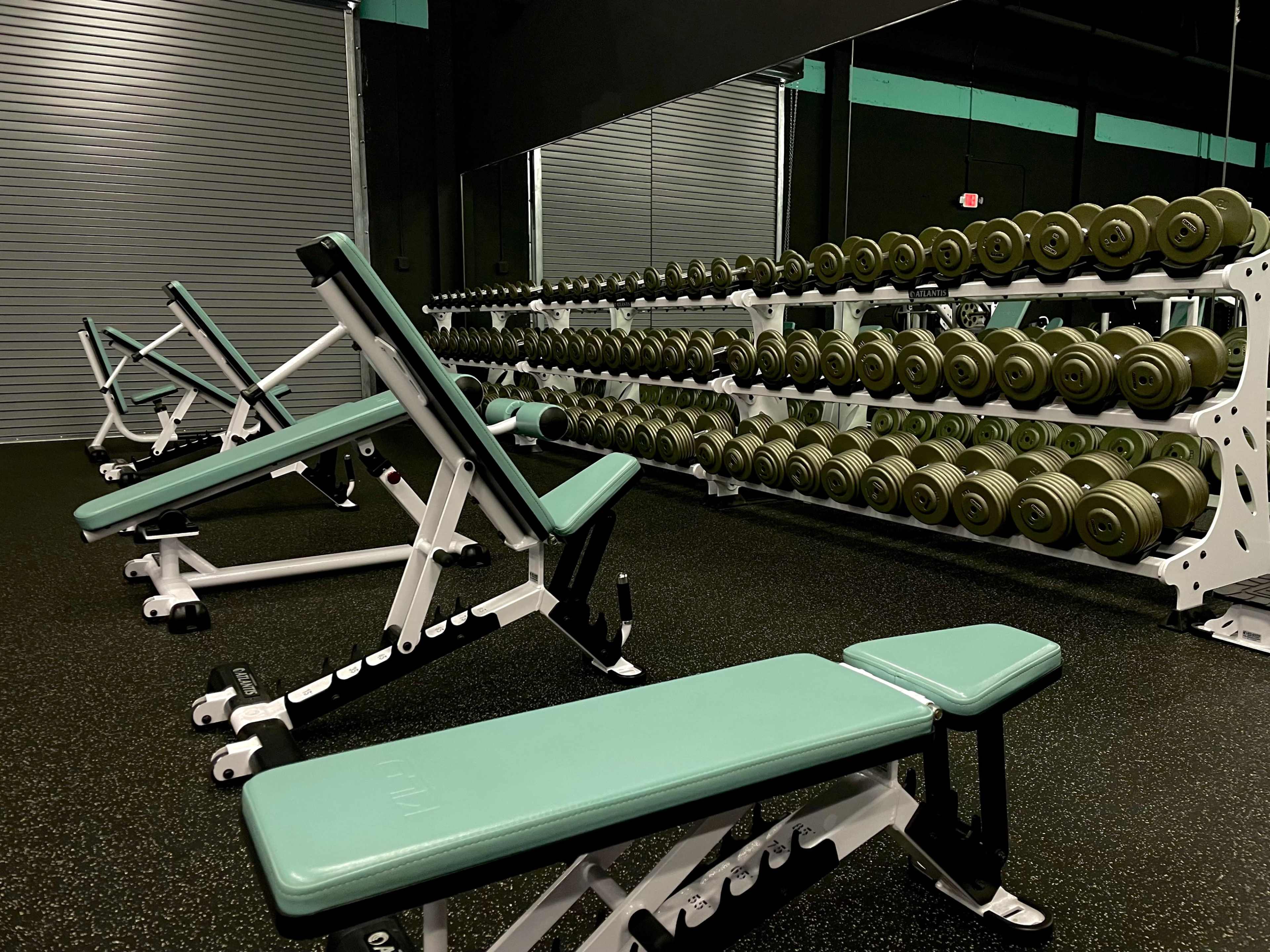 A gym interior with several adjustable weight benches facing a wall of neatly arranged dumbbells.