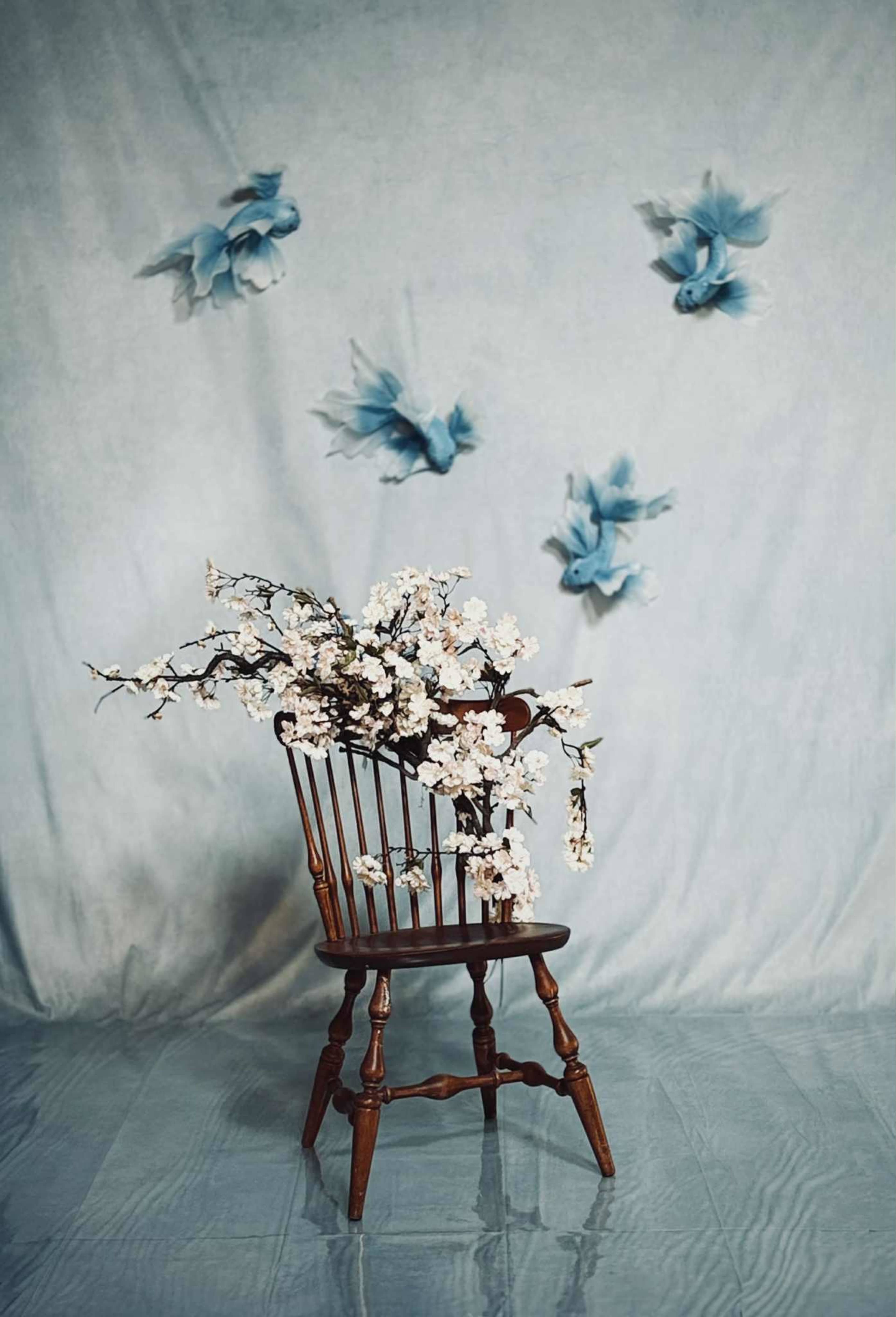 A wooden chair adorned with cherry blossoms stands against a light blue backdrop with blue fabric flowers arranged in the background.