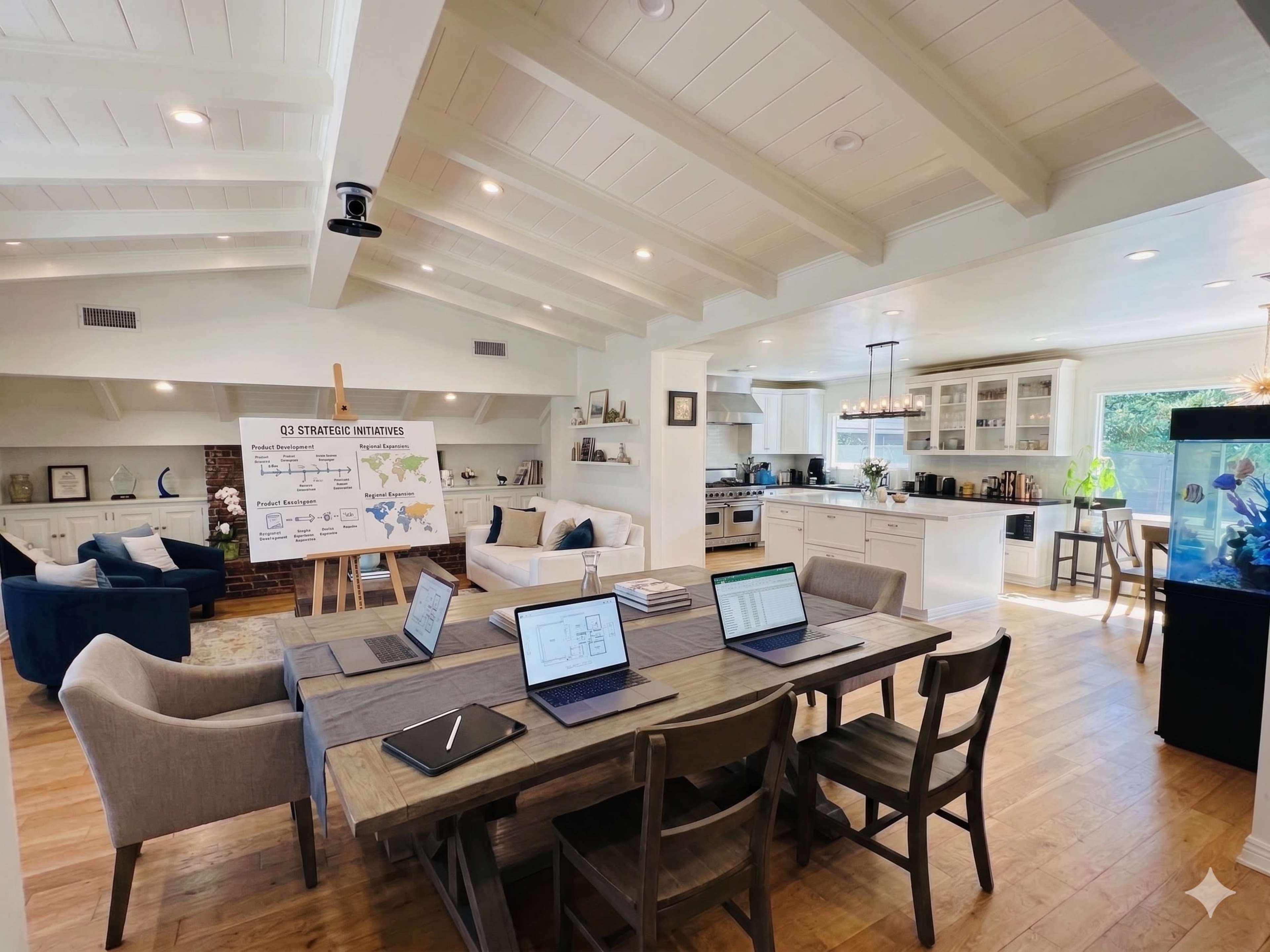 The image shows a spacious, modern conference room with a large table surrounded by chairs, several laptops open on the table, and a poster on an easel displaying information, alongside a kitchen area and seating in the background.