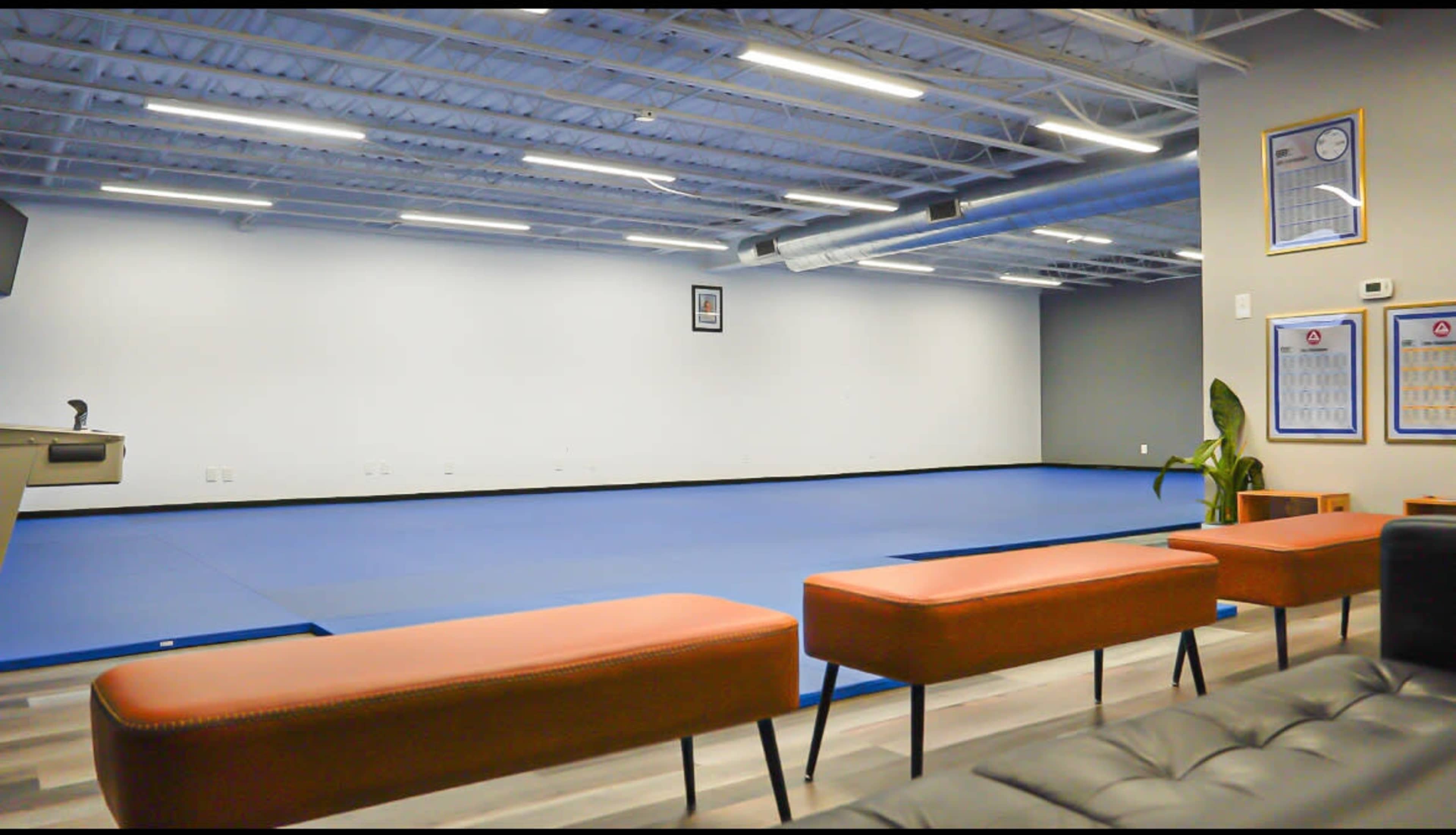 A spacious training area features blue mats, minimalist seating, and framed wall decor.