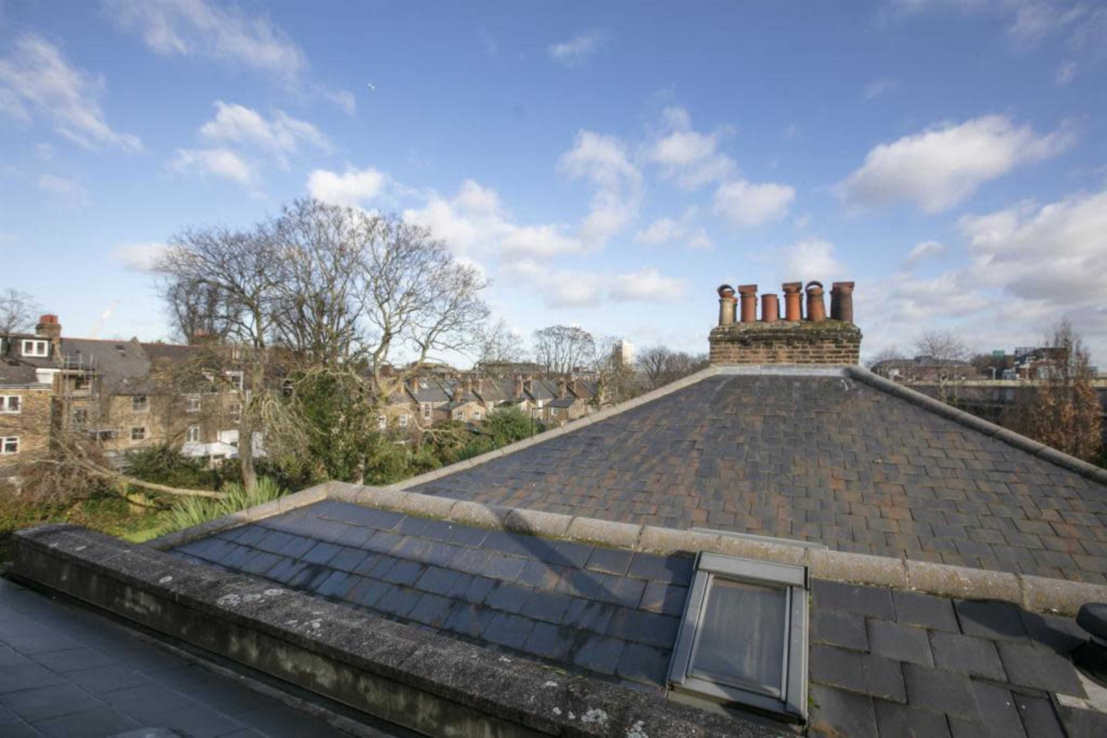 The image shows a sloped roof with a chimney stack, set against a backdrop of trees and nearby buildings under a partly cloudy sky.
