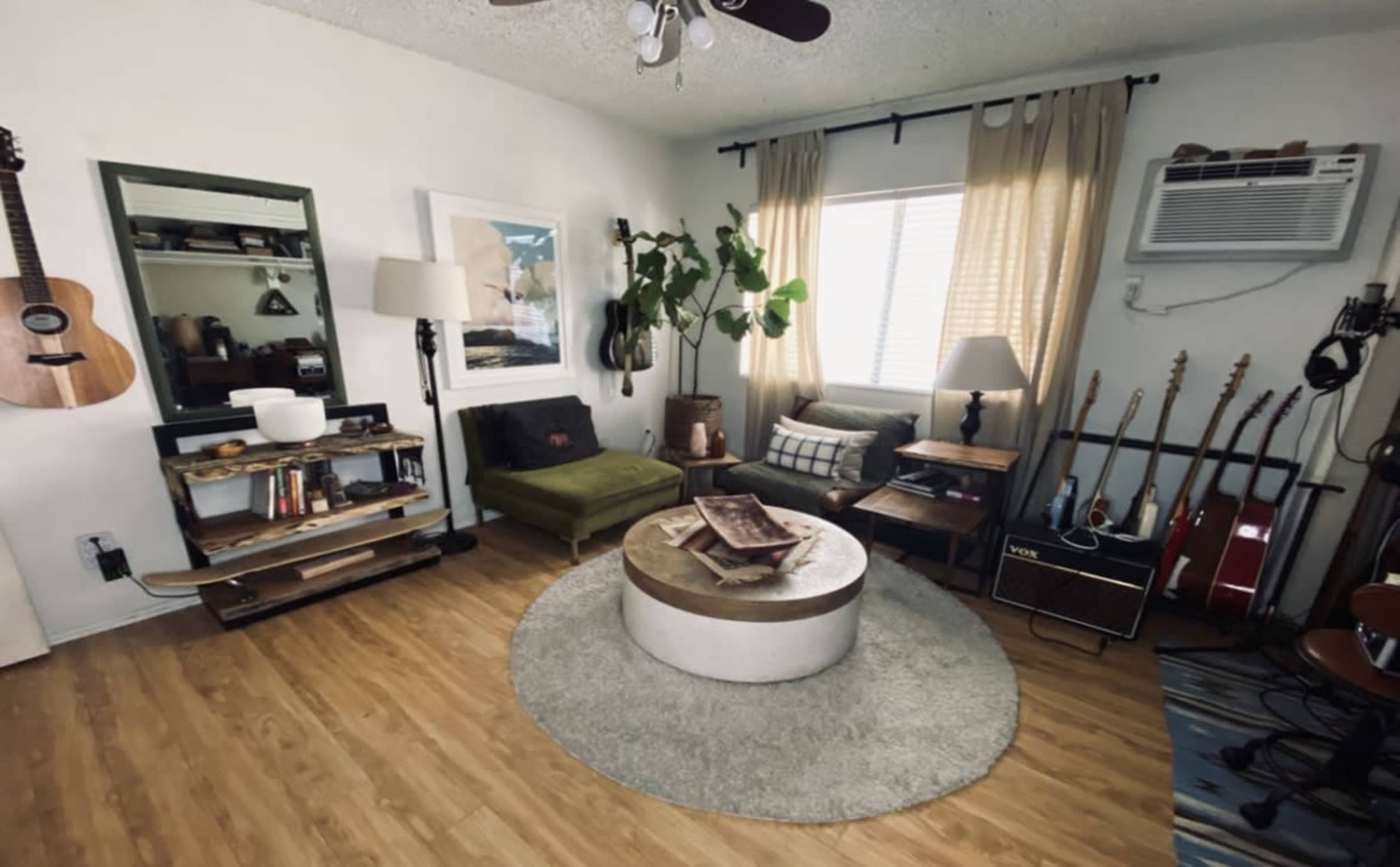 A cozy living room featuring a green chair, a round coffee table, a plush area rug, several musical instruments, and decorative plants near a window.