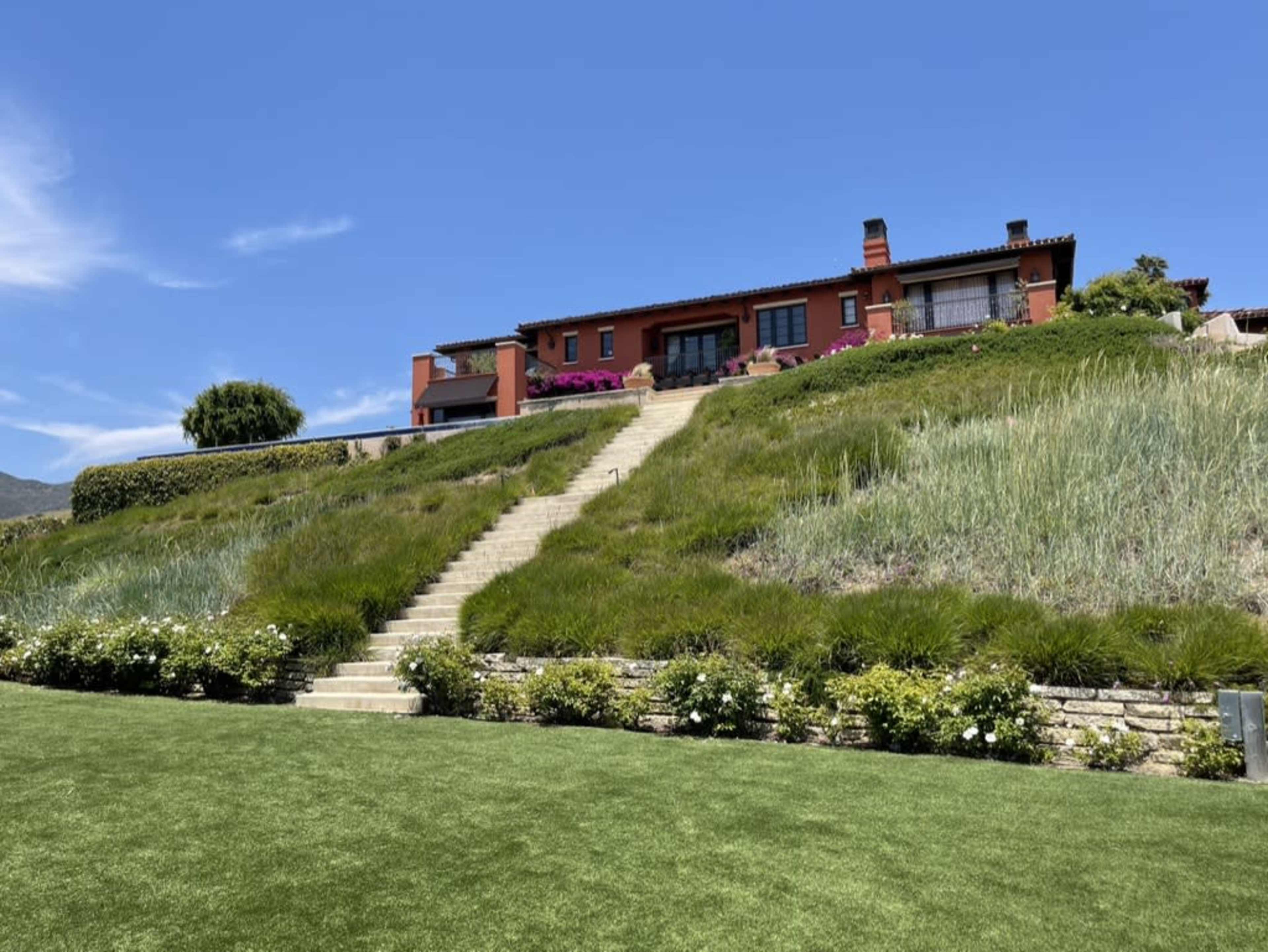 A modern house sits atop a grassy hill, with stone steps leading up to it from a landscaped lawn.