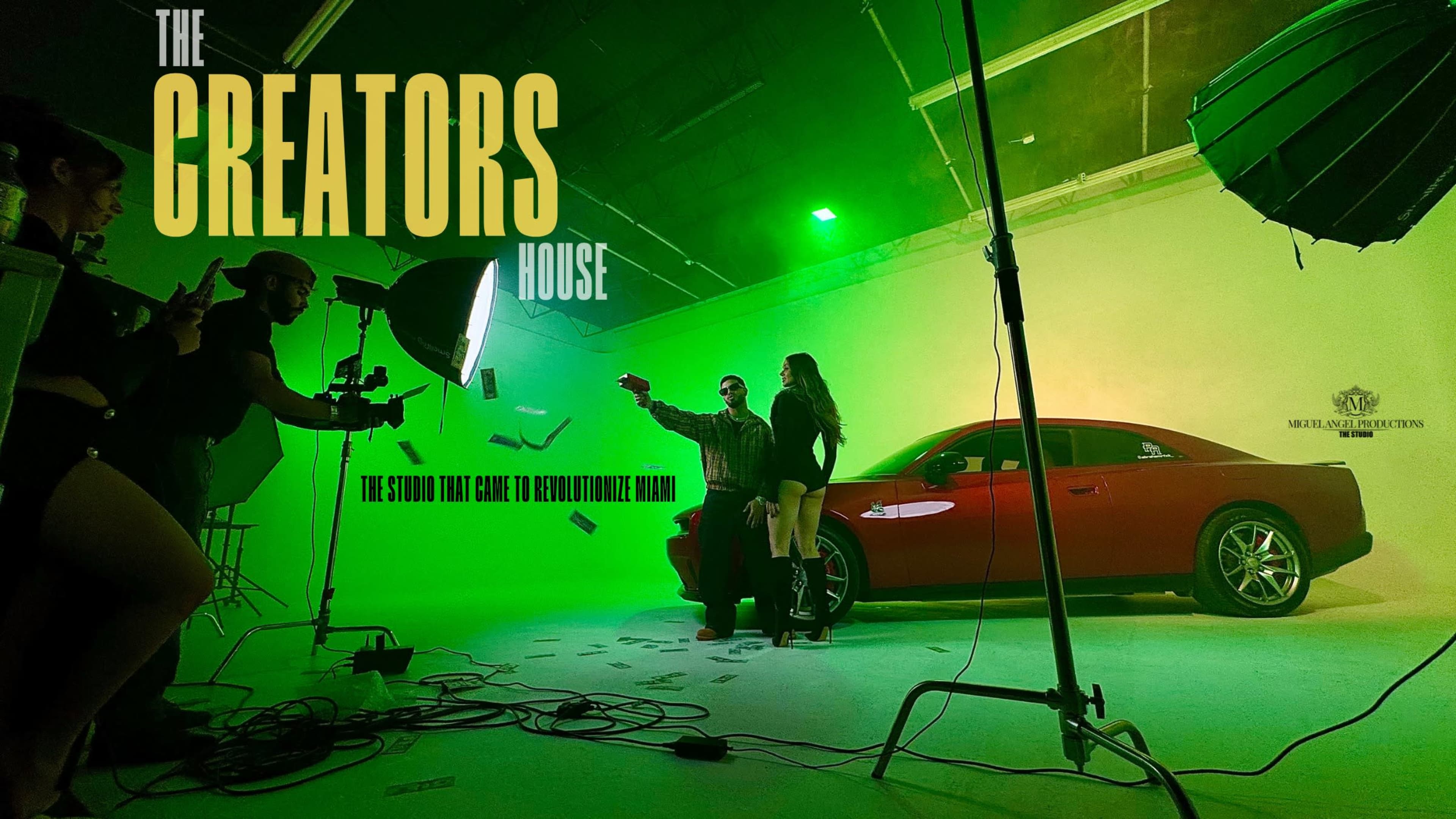 The image shows a vibrant studio scene with a red car and individuals engaged in a photoshoot, surrounded by green lighting and props, including money.