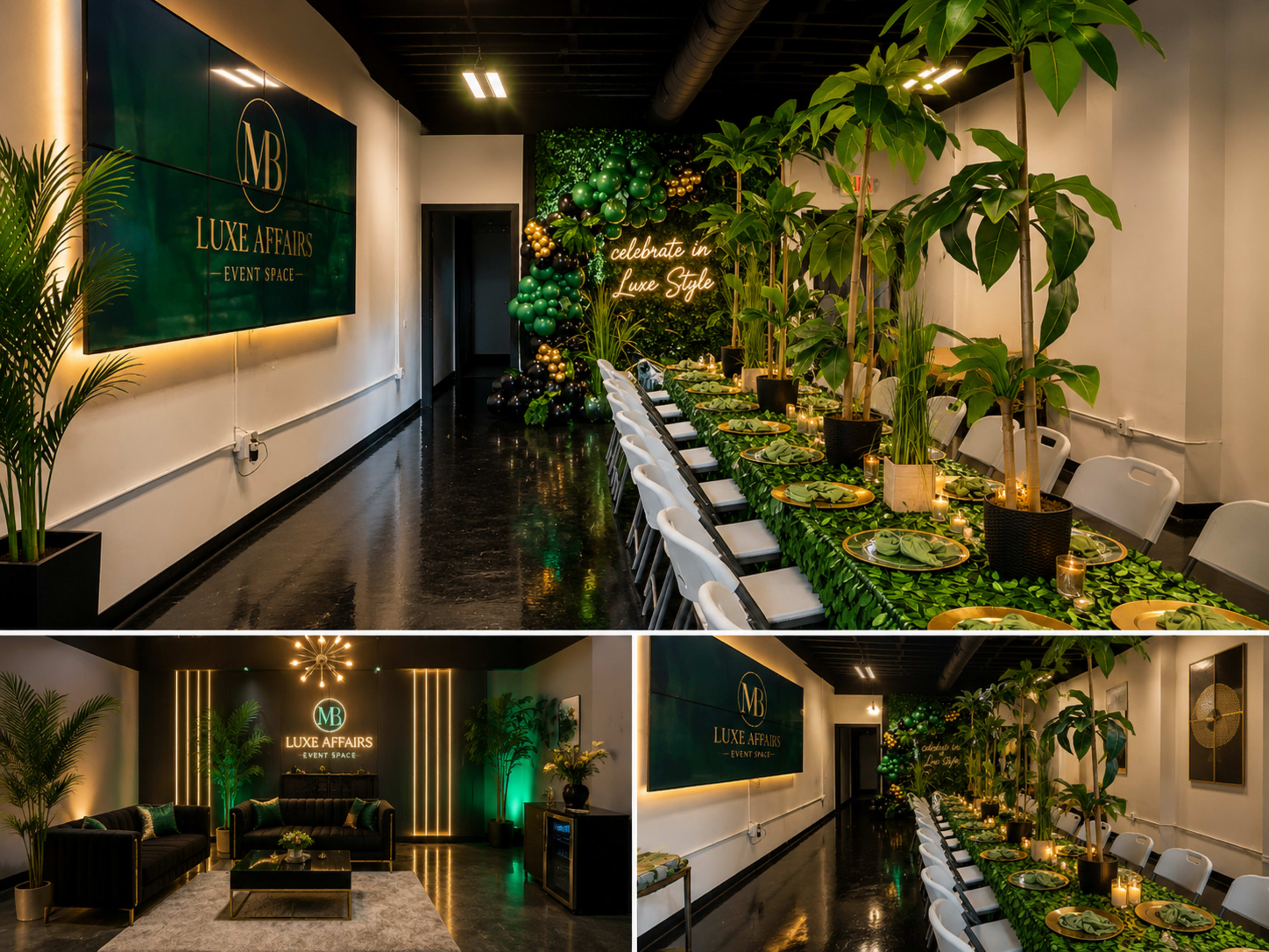 The image depicts a modern event space featuring a long dining table adorned with greenery and decorative elements, surrounded by potted plants and stylish lighting.