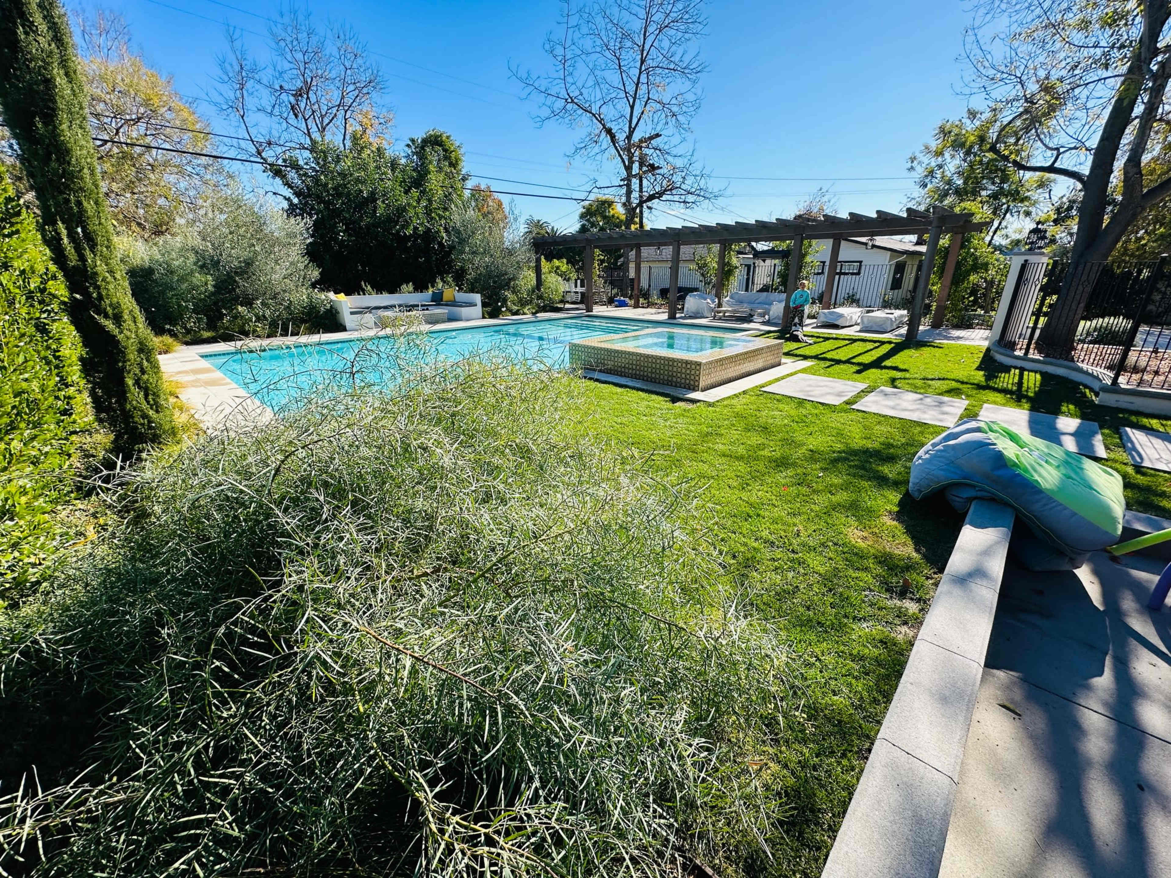 A backyard pool area featuring a rectangular pool, lounge chairs, and a landscaped garden with green grass and shrubs.