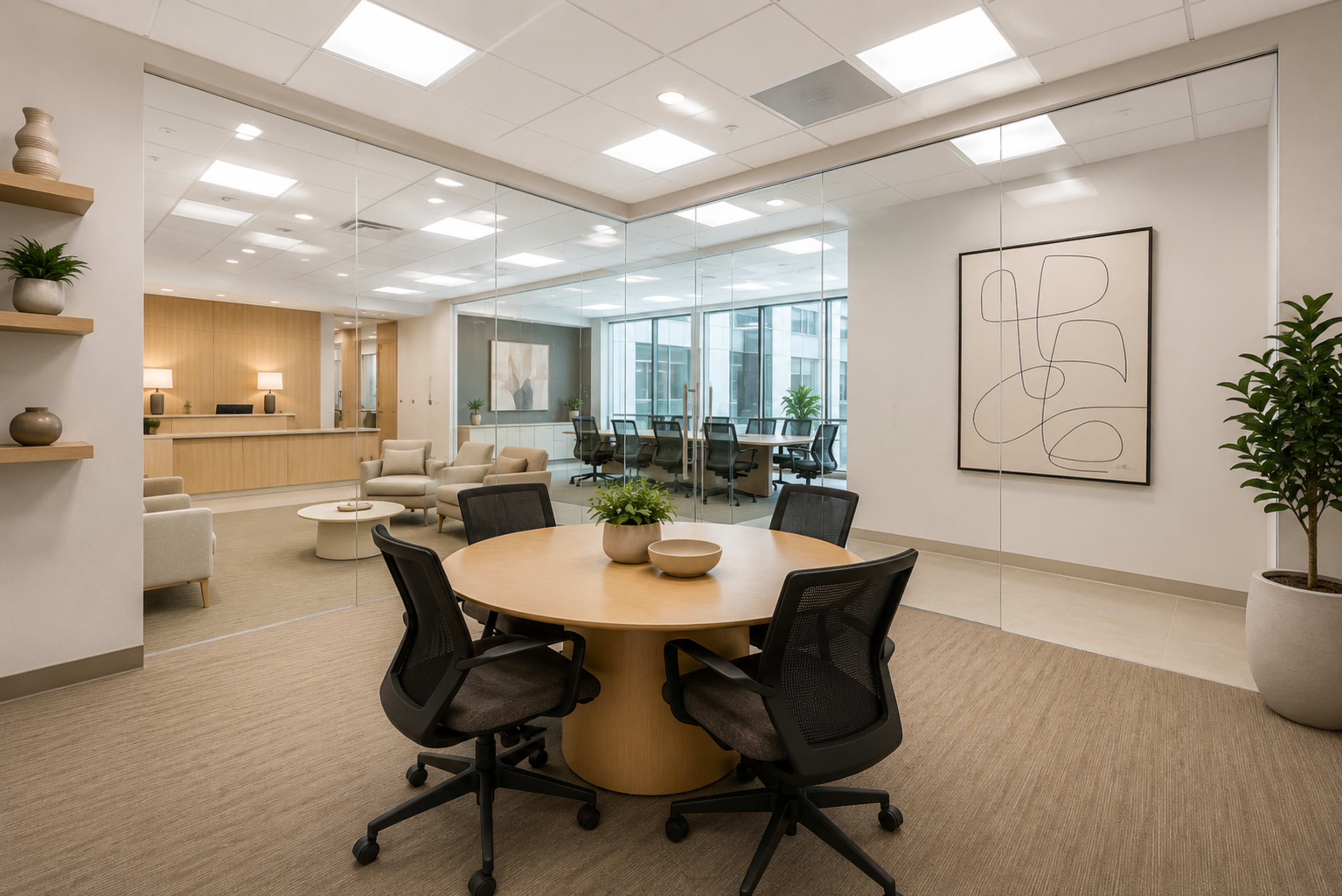 The image shows a modern office space featuring a round wooden table with four chairs in the foreground and a glass-walled meeting area in the background.
