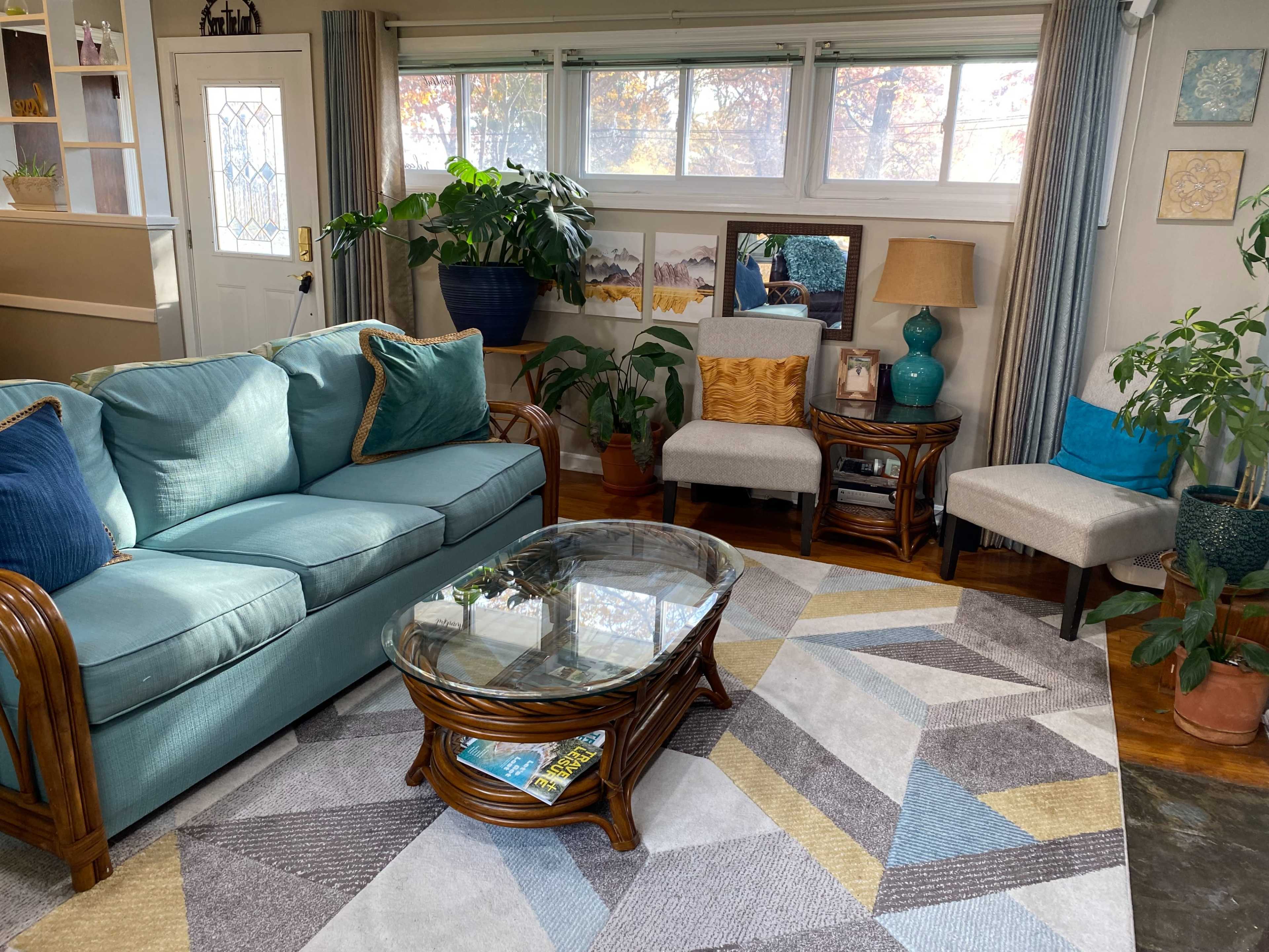 The image shows a cozy living room with a light blue sofa, a glass coffee table, and various plants, accompanied by a patterned area rug and natural light streaming through the windows.