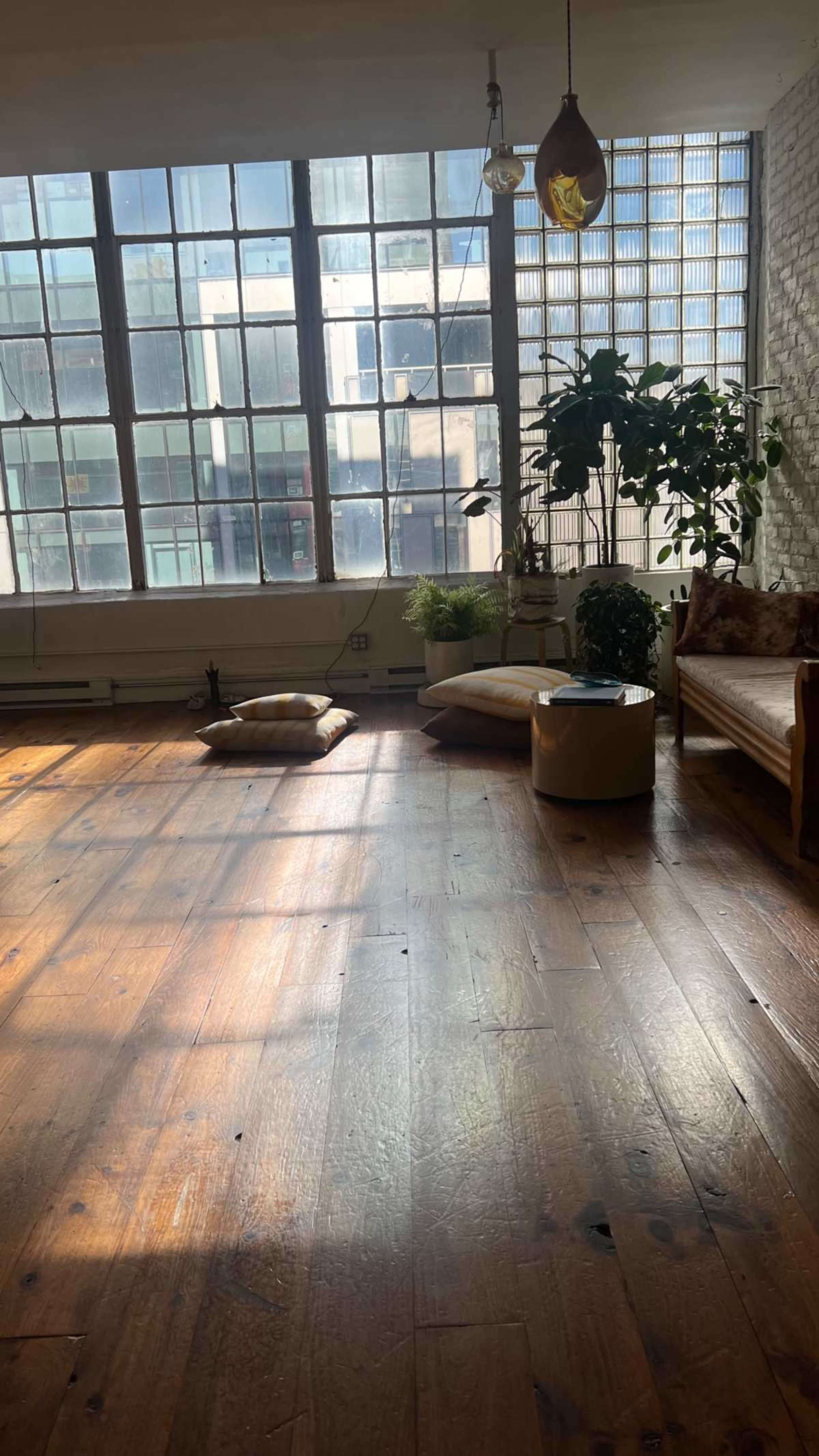 The image shows a bright, spacious room with large windows, wooden flooring, a plant, cushions on the floor, and a sofa against the wall.