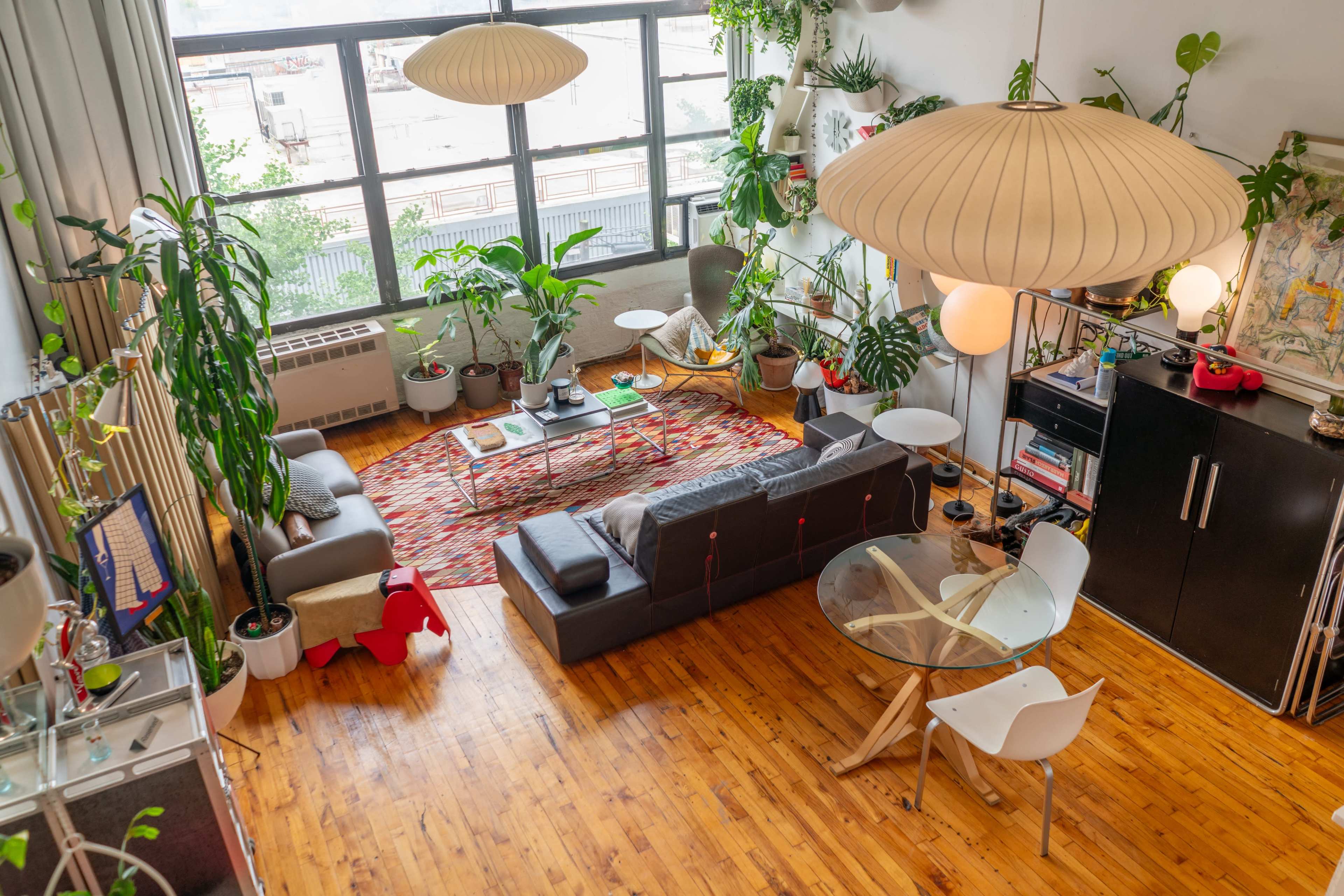 The image shows a bright and airy living room with large windows, featuring a mix of indoor plants, a comfortable couch, a round dining table, and various decorative items on display.