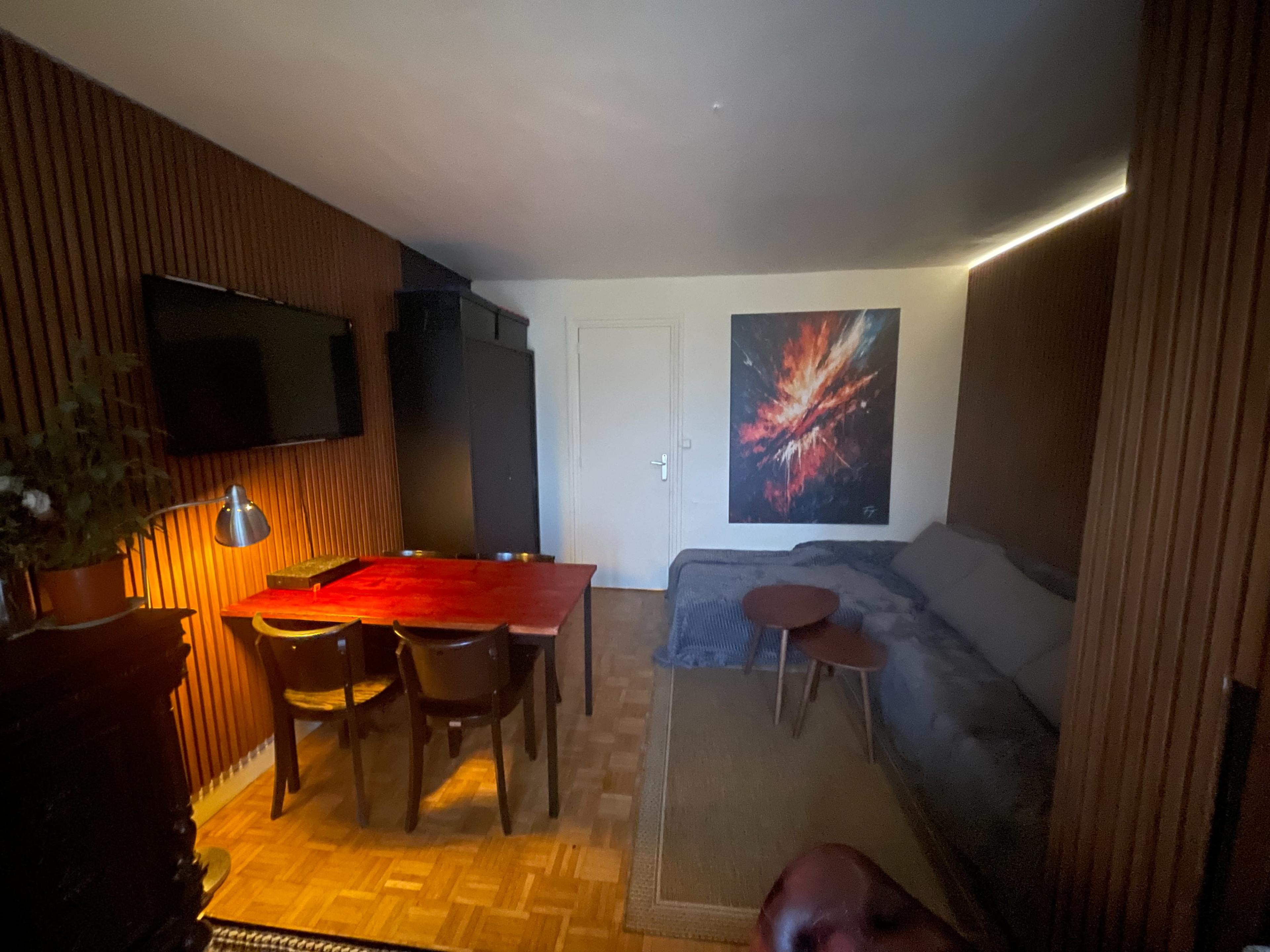 The image shows a small living room with wooden paneled walls, a dining table with chairs, a gray couch, and a large abstract painting on the wall.