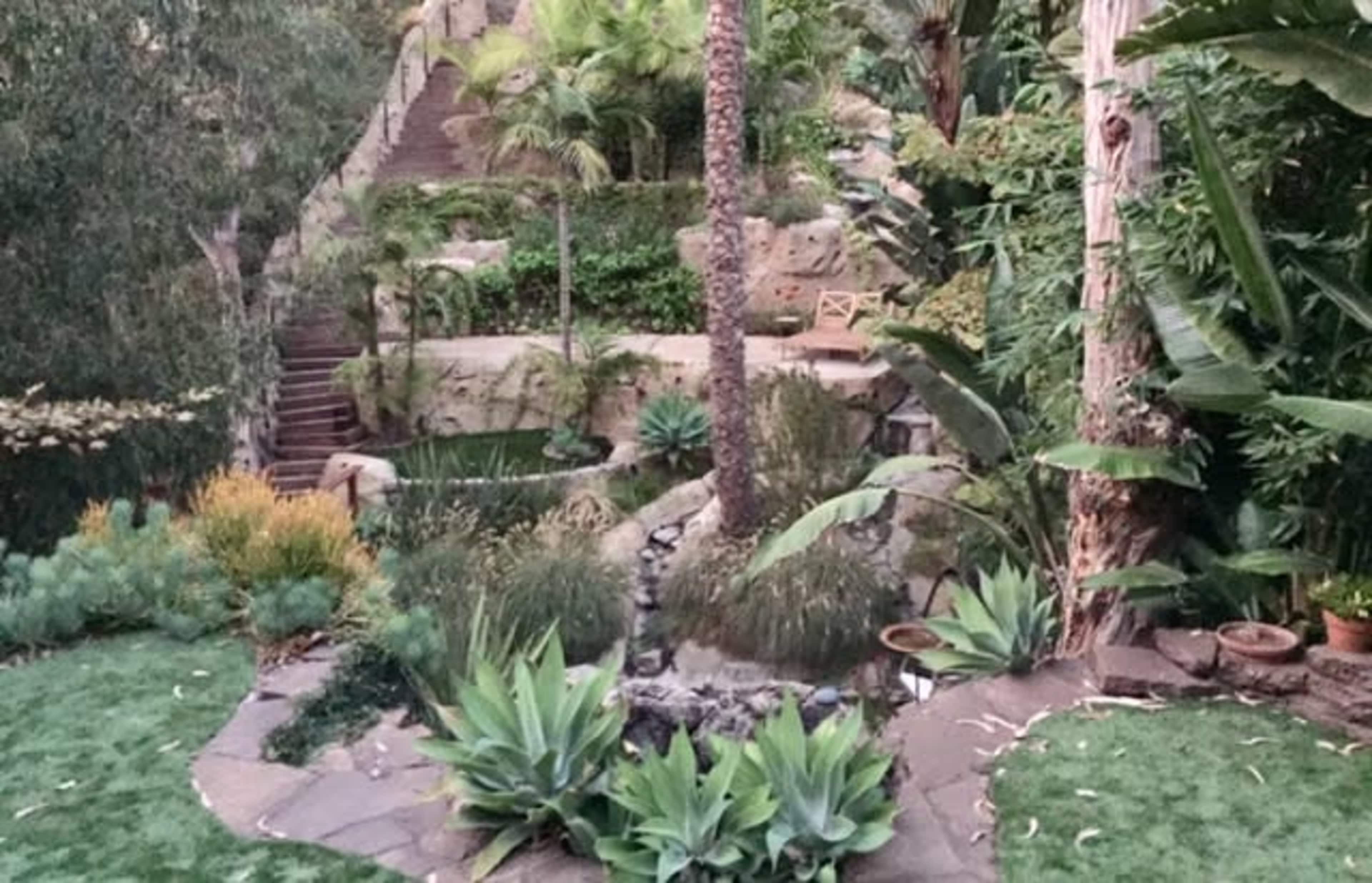 The image shows a landscaped garden featuring various plants, a small water feature, and stone pathways leading to stairs and seating areas.