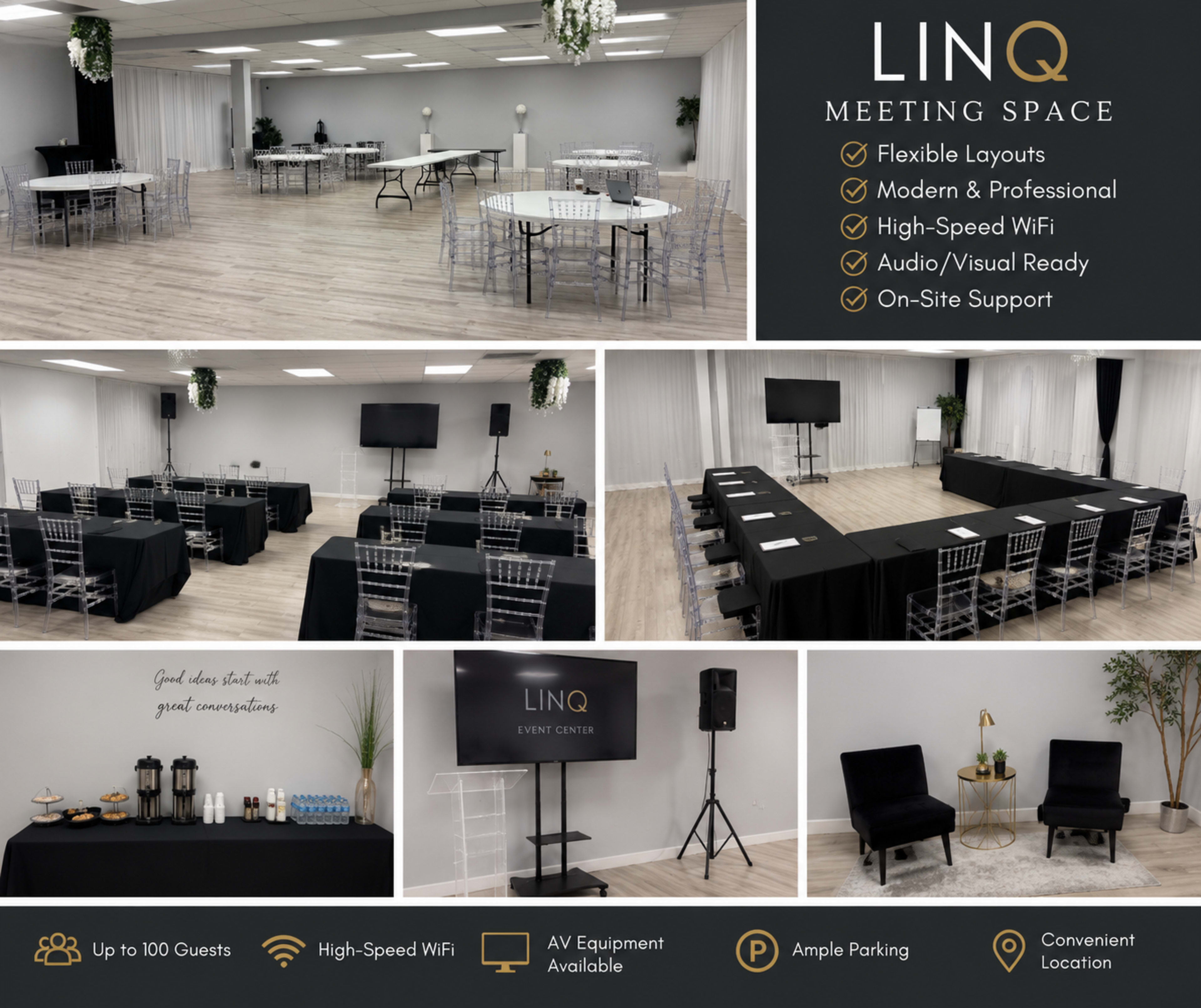 The image showcases a modern event space, featuring flexible layouts for meetings with professional furnishings, audiovisual equipment, and amenities for up to 100 guests.