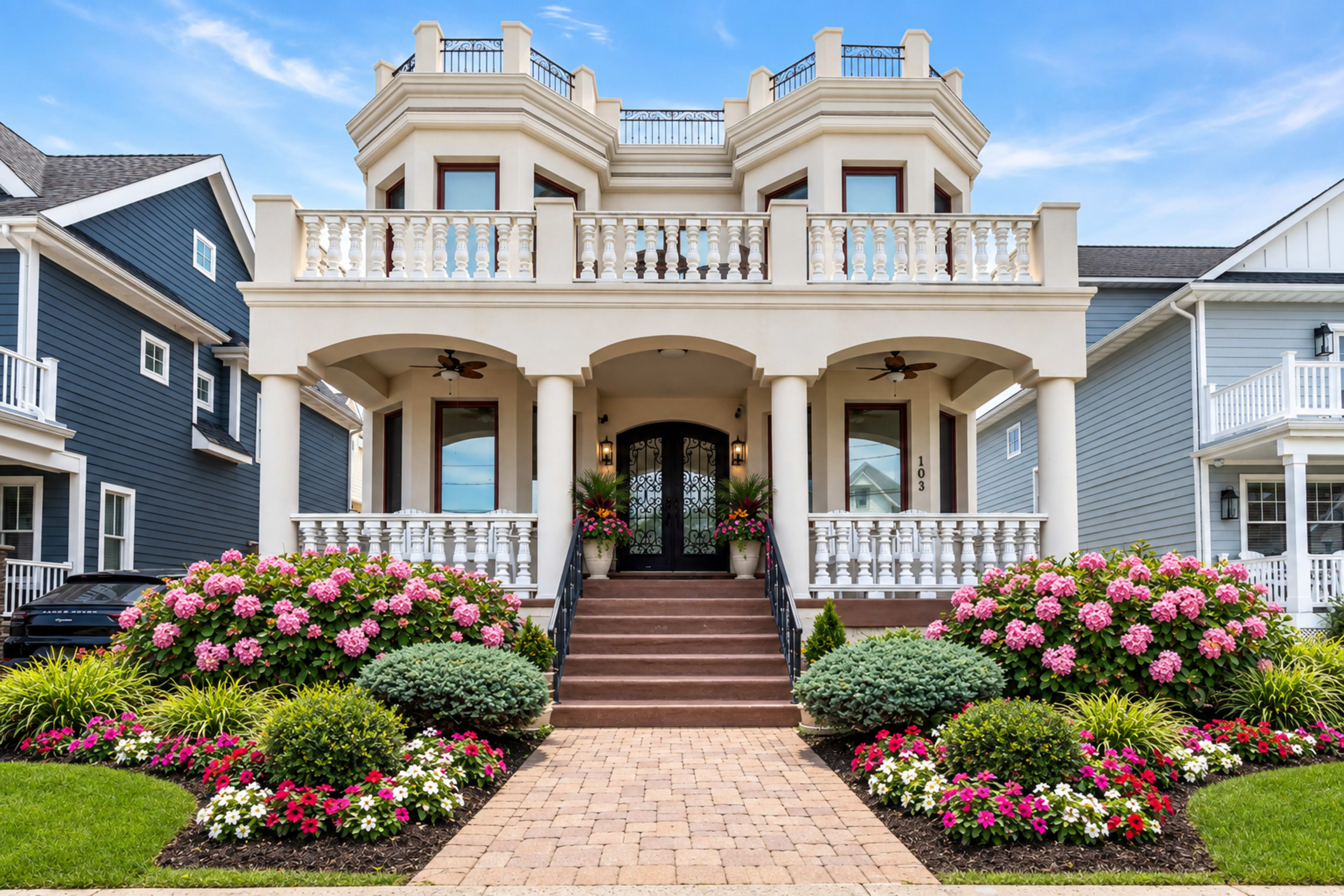 A large, two-story house with a white façade and decorative balconies is flanked by vibrant flower beds and features a staircase leading to the front entrance.