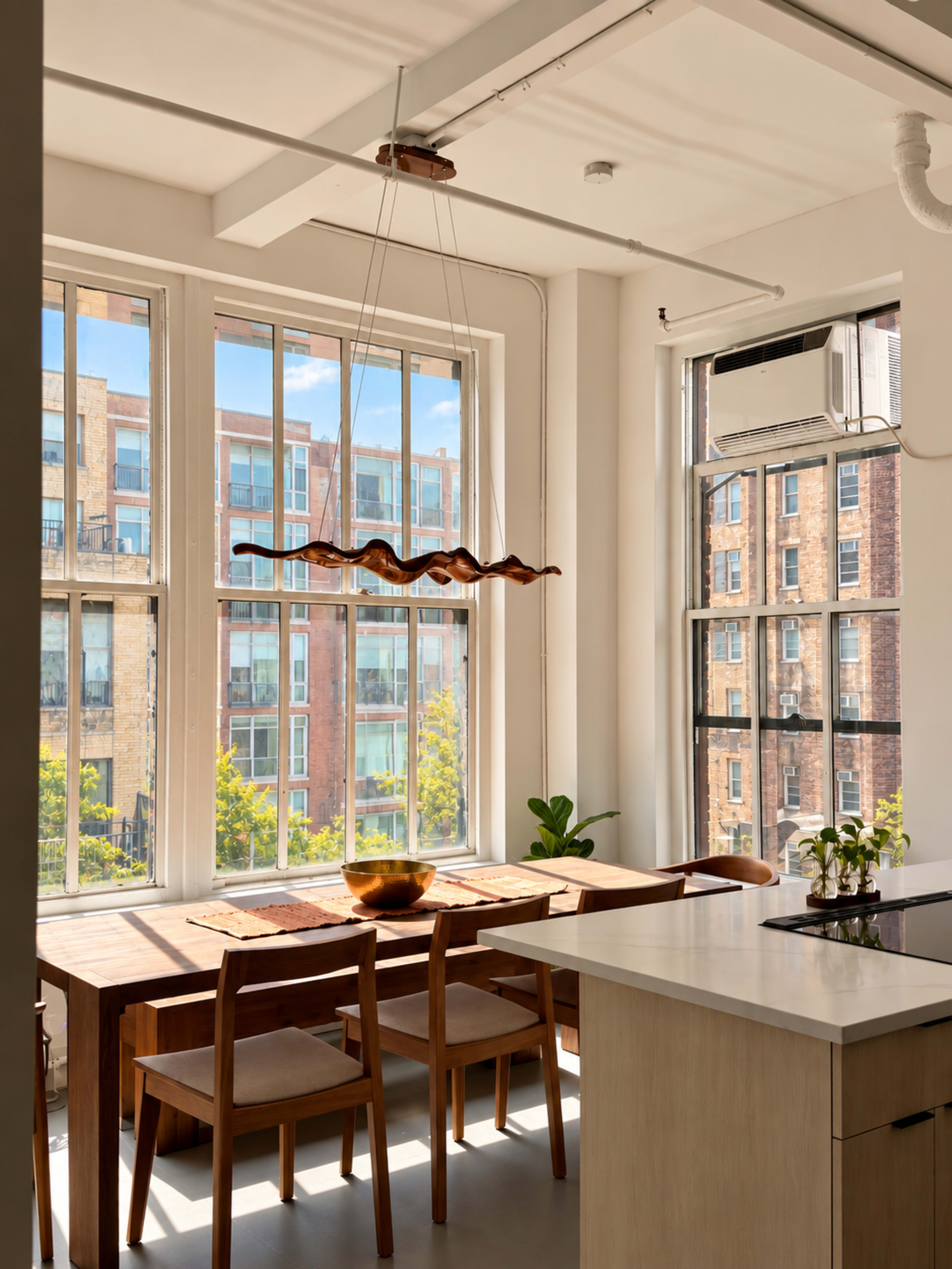 A modern dining area features a long wooden table surrounded by chairs, with large windows providing natural light and a view of neighboring buildings.