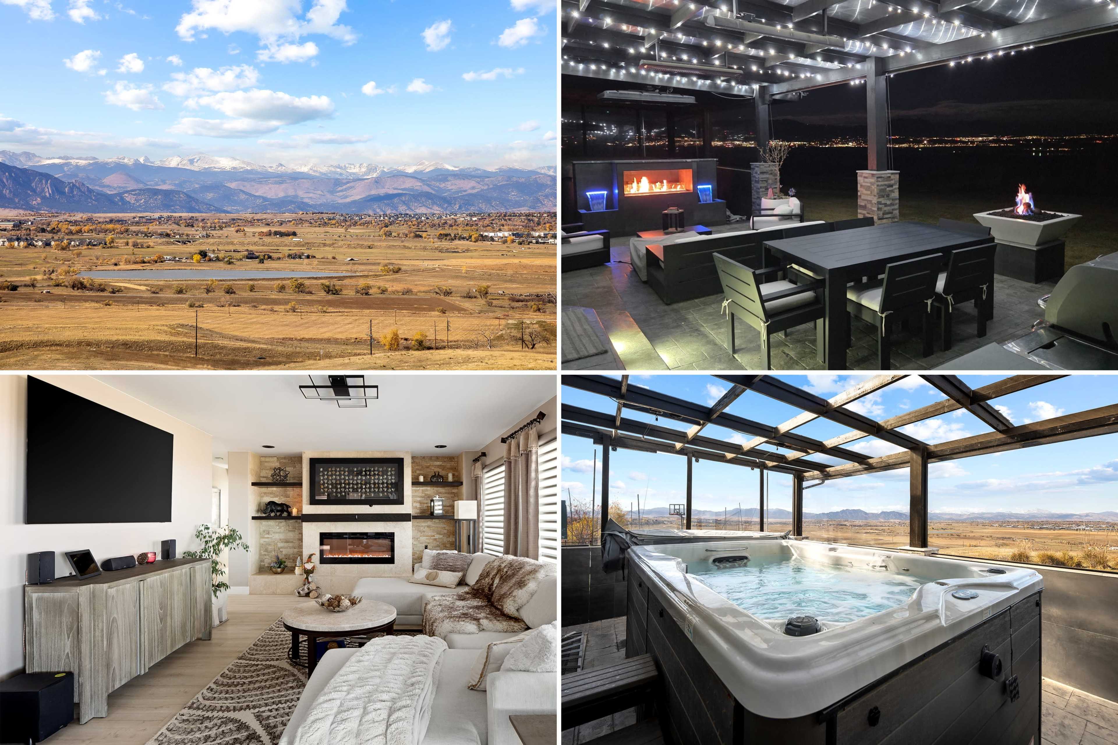 The image showcases a montage of four scenes: a panoramic view of mountains under a cloudy sky, an outdoor seating area with illuminated features, a modern living room with a fireplace, and a hot tub on a patio with scenic views.