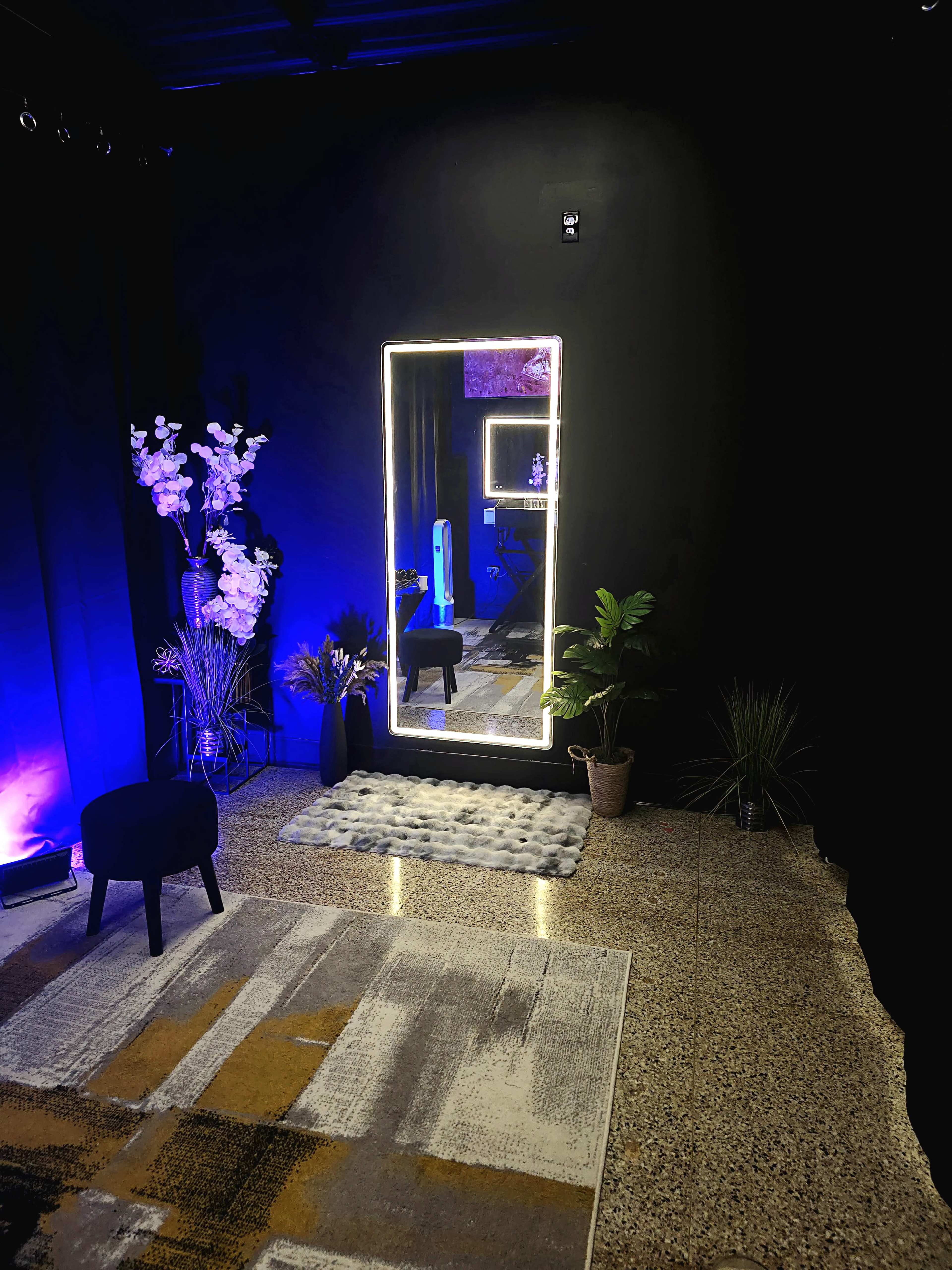 The image shows a stylish corner of a room with a large, illuminated mirror, decorative plants, and a textured rug on a polished floor, all set against a dark backdrop.