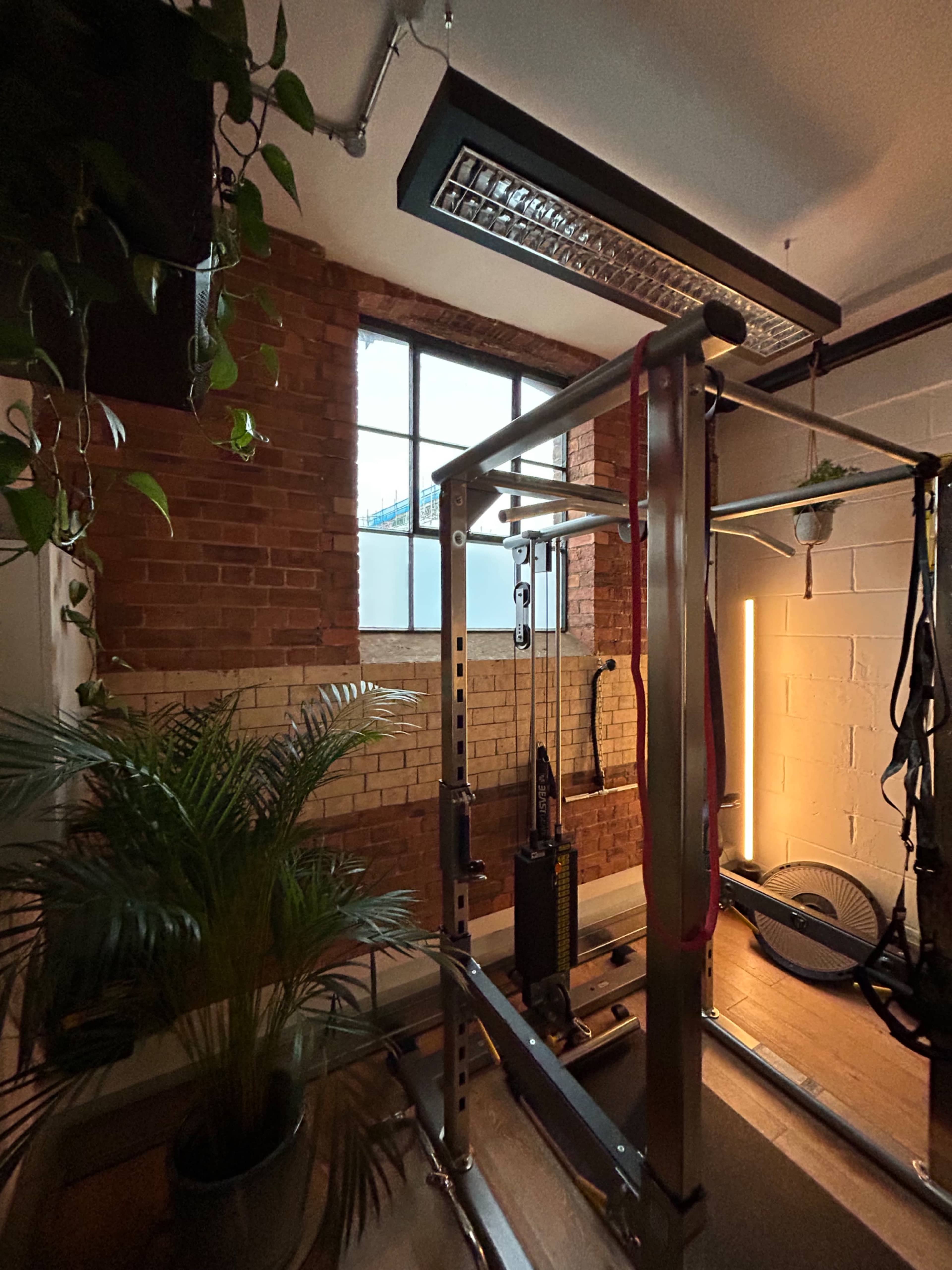 The image shows a minimalist gym space with a training machine, a window, and some indoor plants against a brick wall.