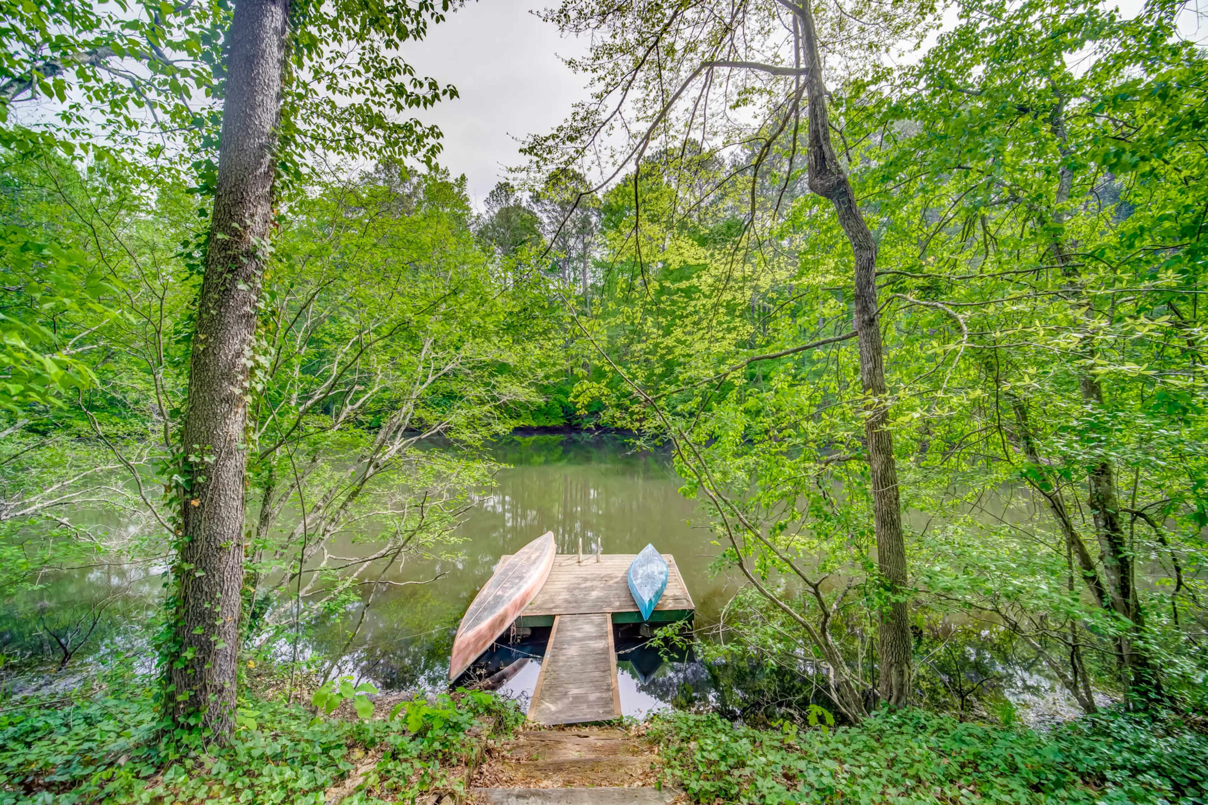 A wooden dock with two canoes rests at the edge of a calm, green-tinted pond, surrounded by dense foliage.