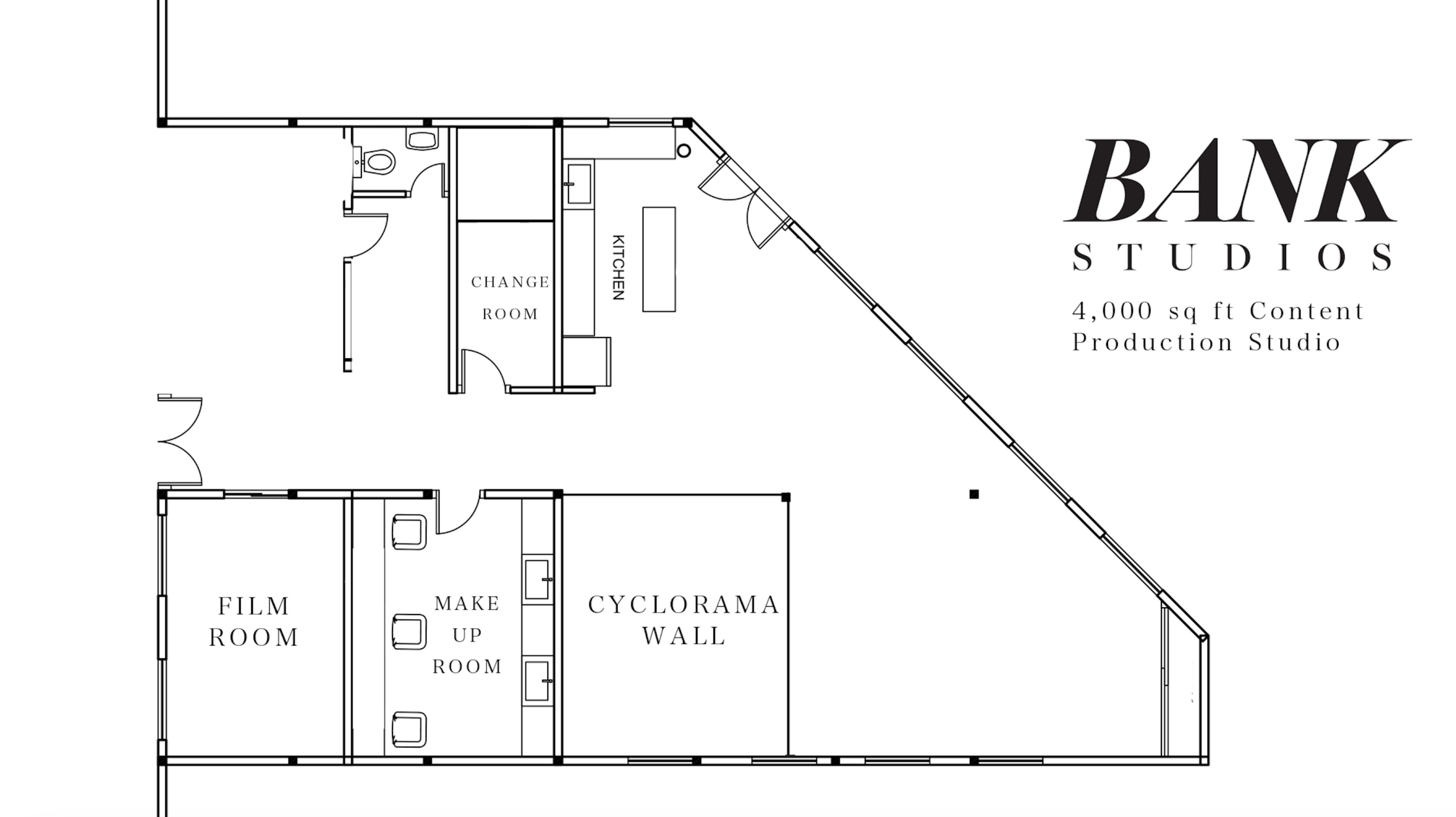 A floor plan of a content production studio labeled "Bank Studios," featuring designated areas such as a kitchen, change room, film room, makeup room, and a cyclorama wall, spanning 4,000 square feet.