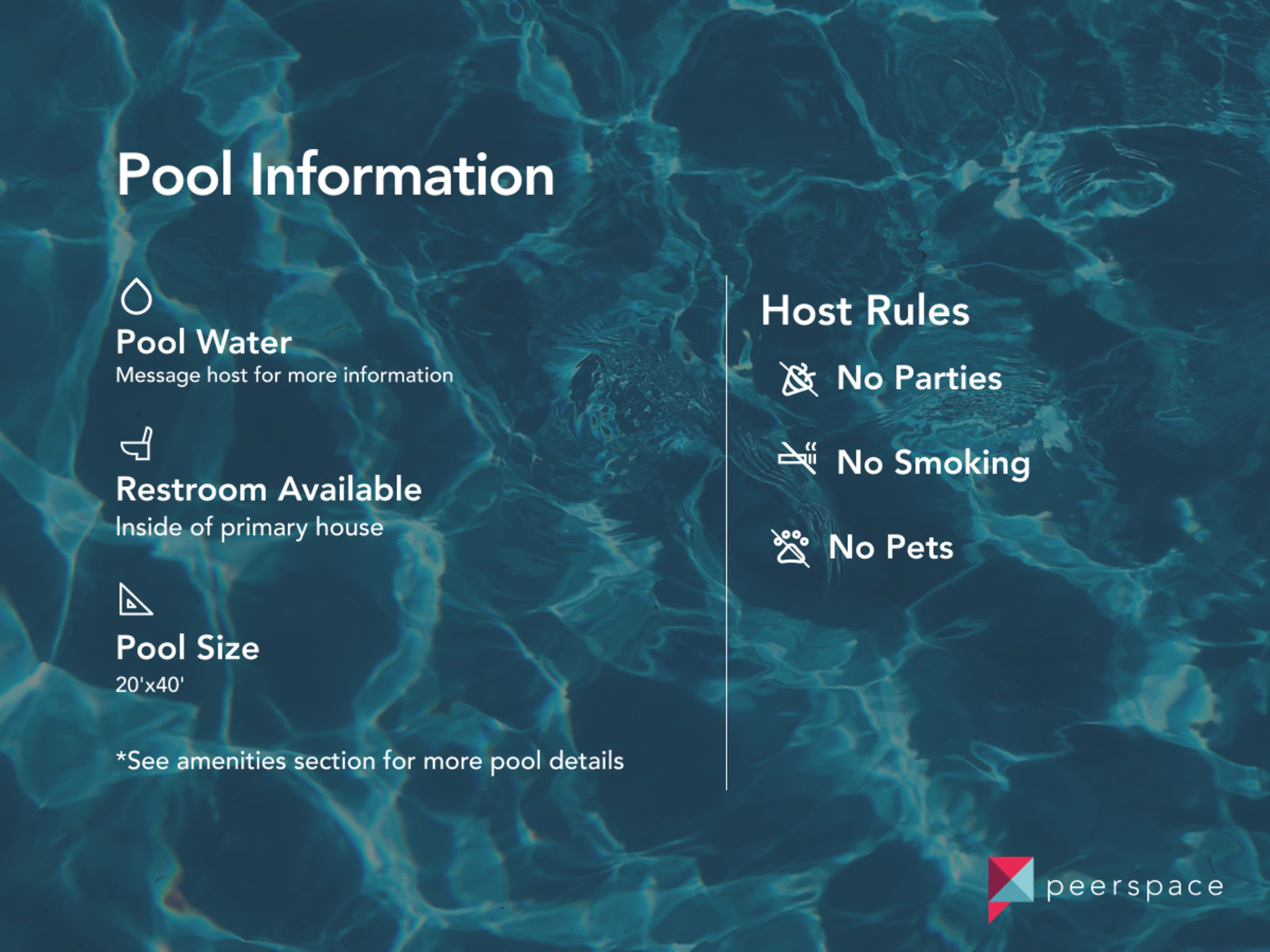 A clear pool water surface with text outlining pool information and host rules, including no parties, no smoking, and no pets.