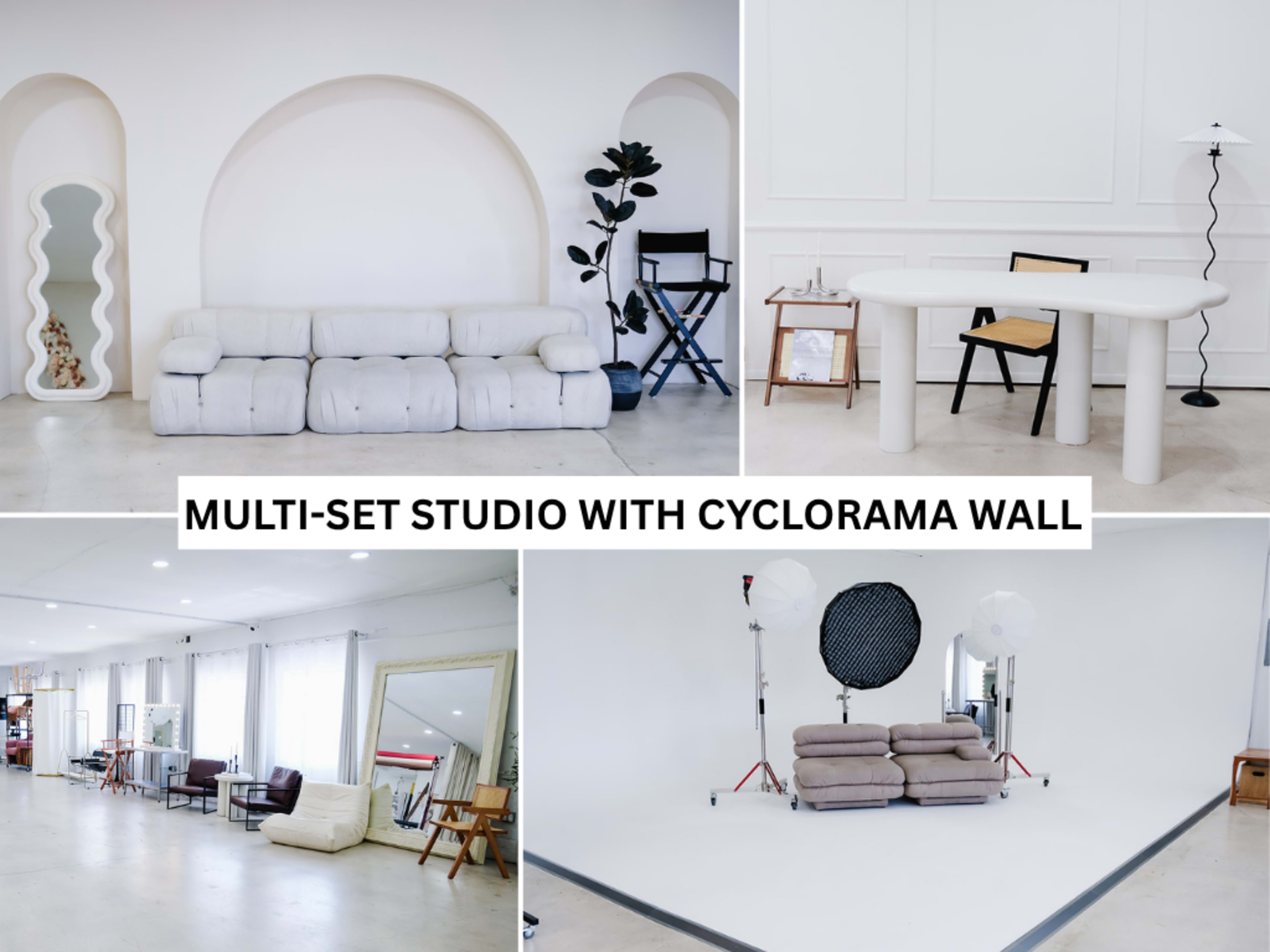 The image shows a multi-set studio featuring a cyclorama wall, with various seating areas, a table, and lighting equipment arranged in a bright, spacious environment.