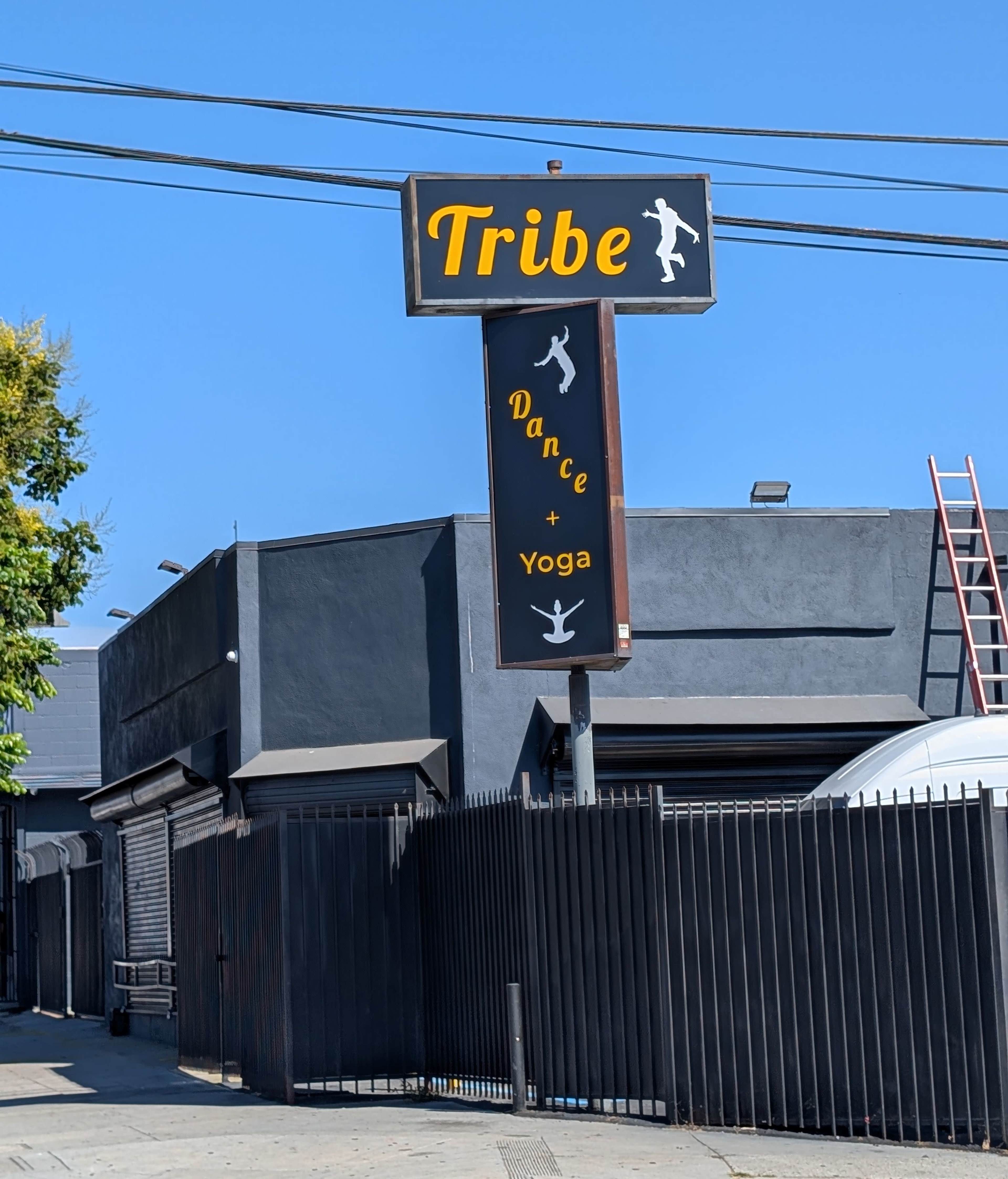 The image shows a sign for a studio named "Tribe" that offers dance and yoga classes, located on a street with a black building and a ladder against the wall.