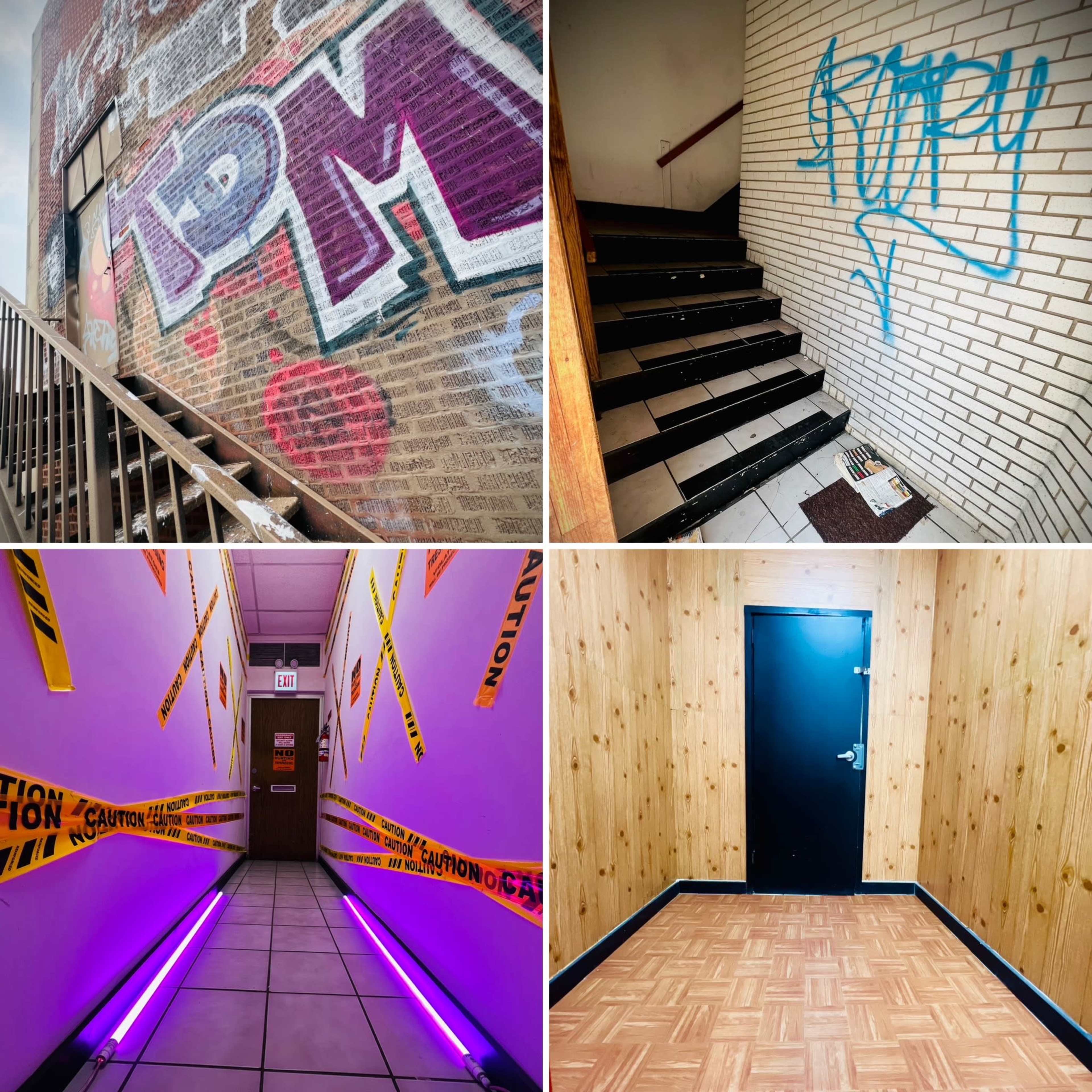 The image is a collage featuring four different scenes: a brick wall with colorful graffiti, a stairwell leading to a second floor, a hallway decorated with caution tape and purple lighting, and a plain room with wooden paneling and a dark door.