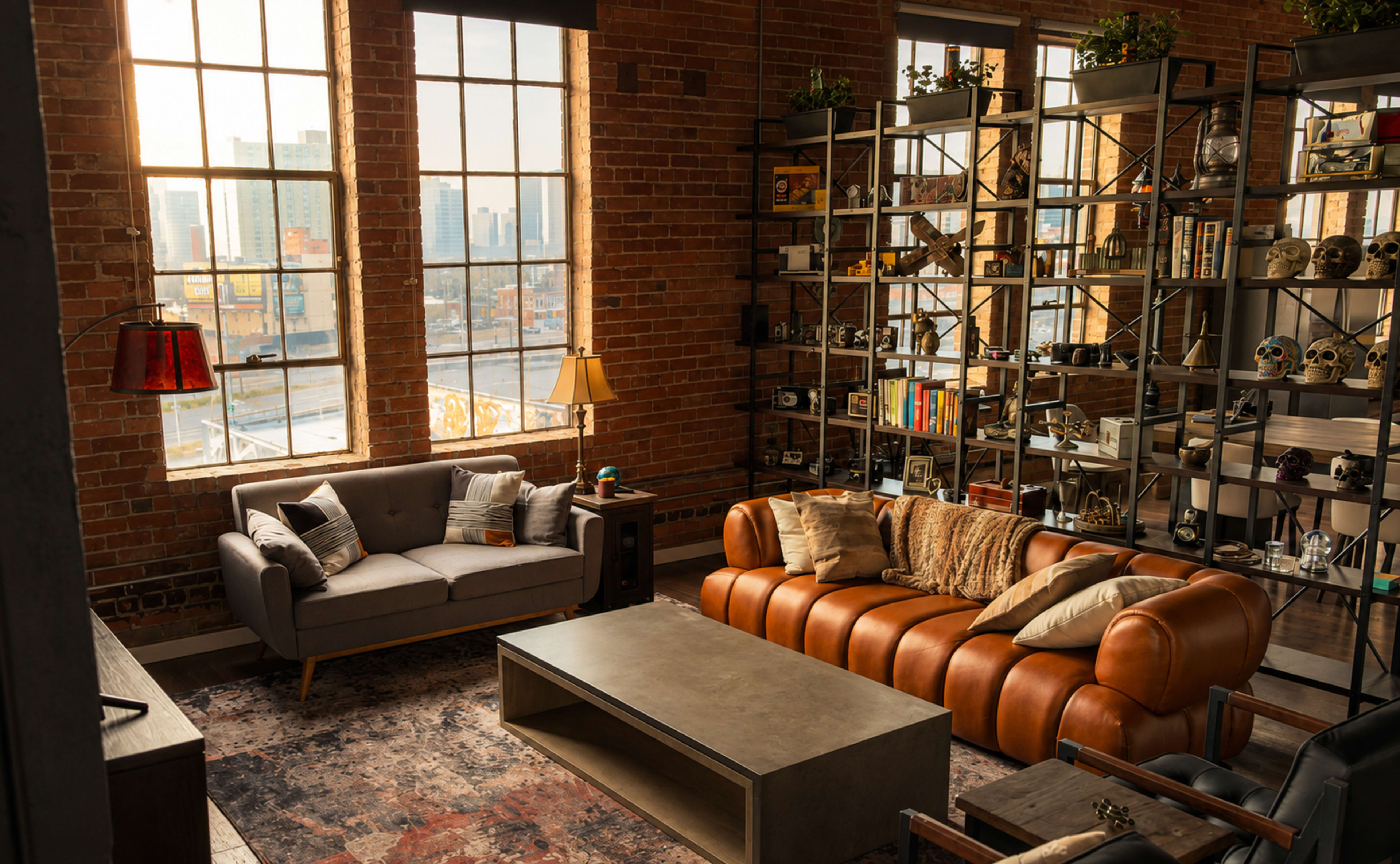 A cozy living room features a gray sofa and a tan leather couch, surrounded by large windows and industrial shelving filled with books and decorative items.