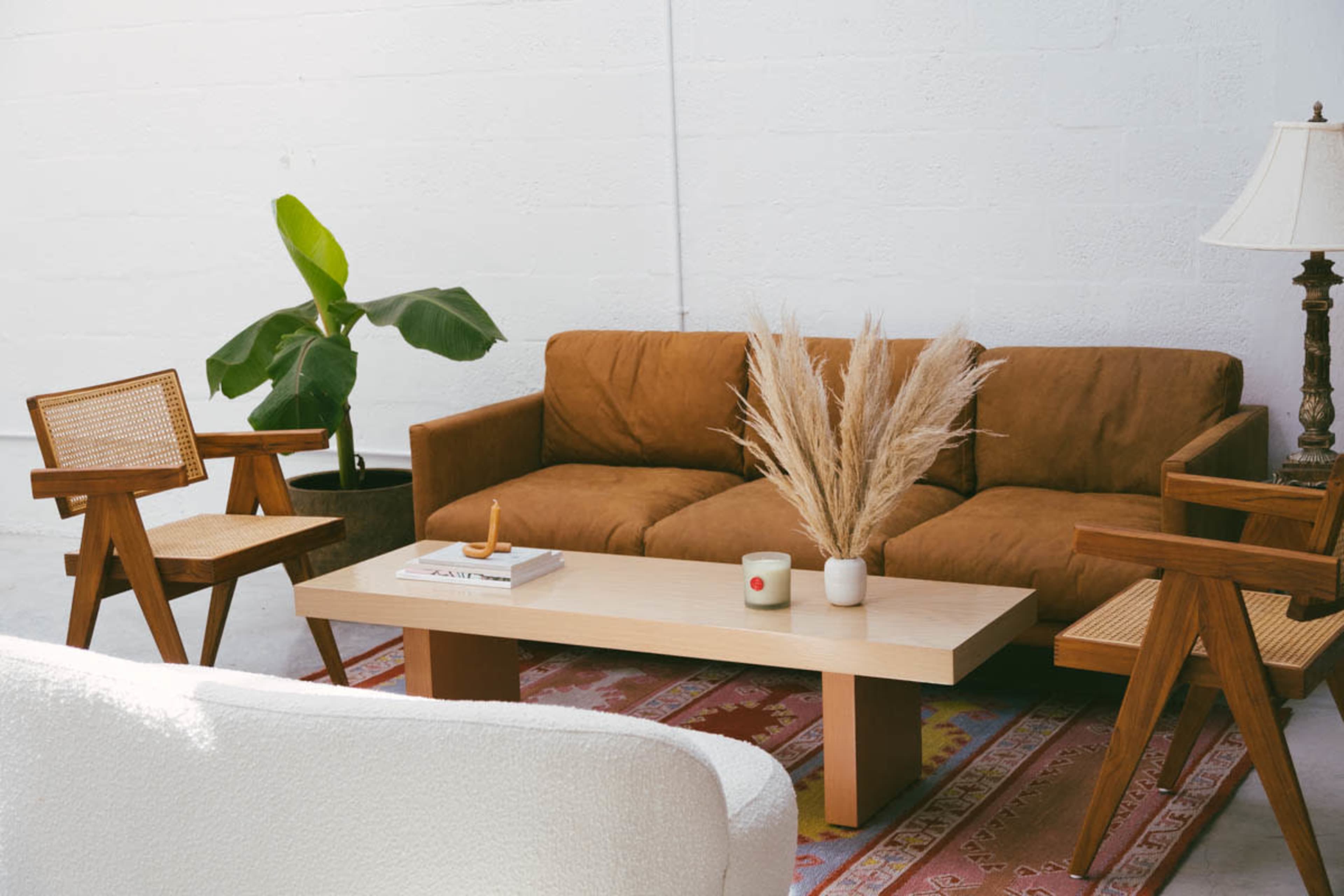 A brown sofa is positioned in a bright room alongside two wooden chairs, a coffee table, and a decorative plant.